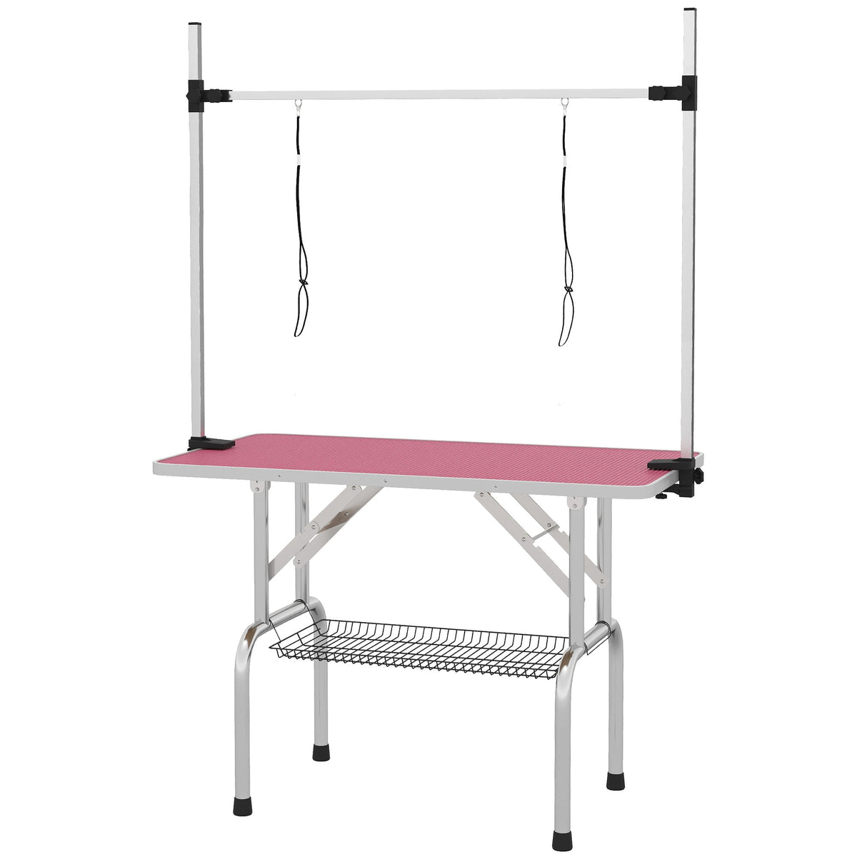 42" Foldable Dog Grooming Table Adjustable Pet Cat Drying Beauty Table Rubber Top with 2 Loops Storage Basket Metal Pink