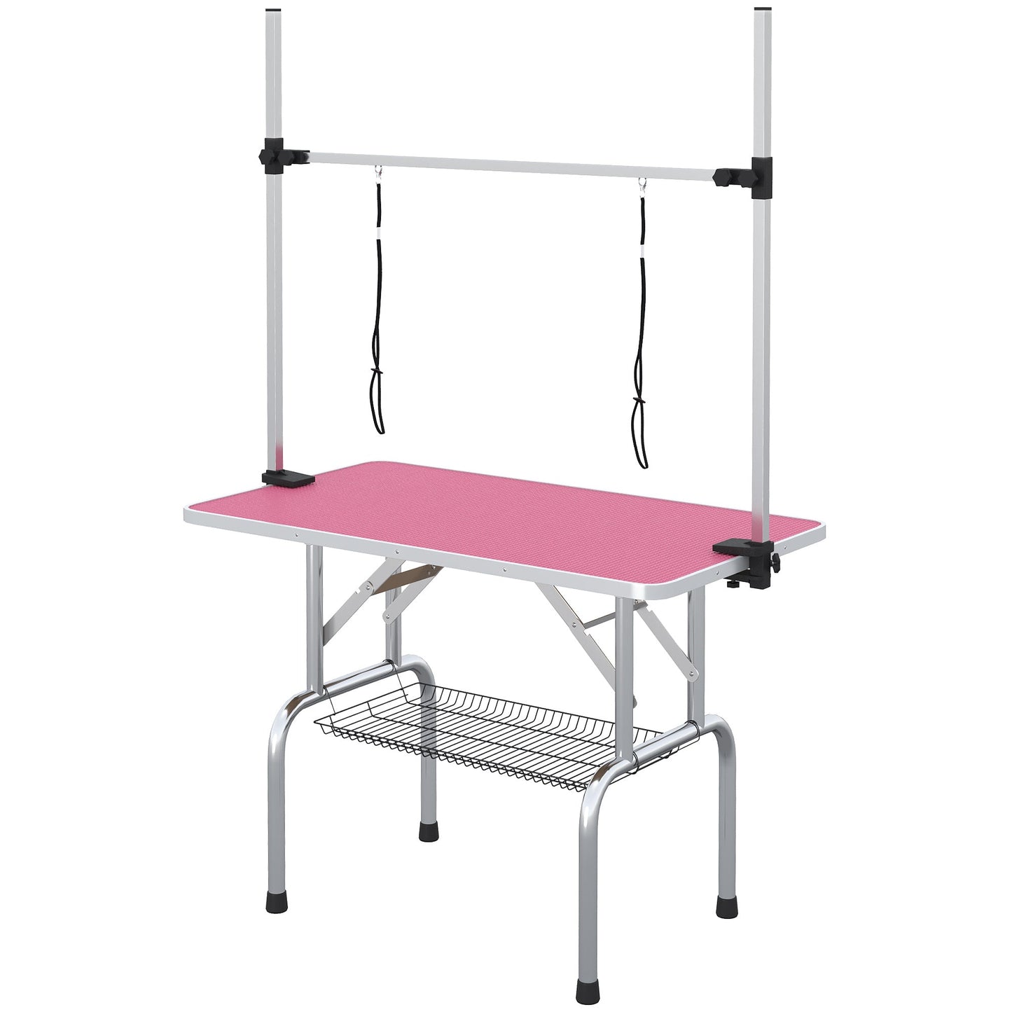 42" Foldable Dog Grooming Table Adjustable Pet Cat Drying Beauty Table Rubber Top with 2 Loops Storage Basket Metal Pink