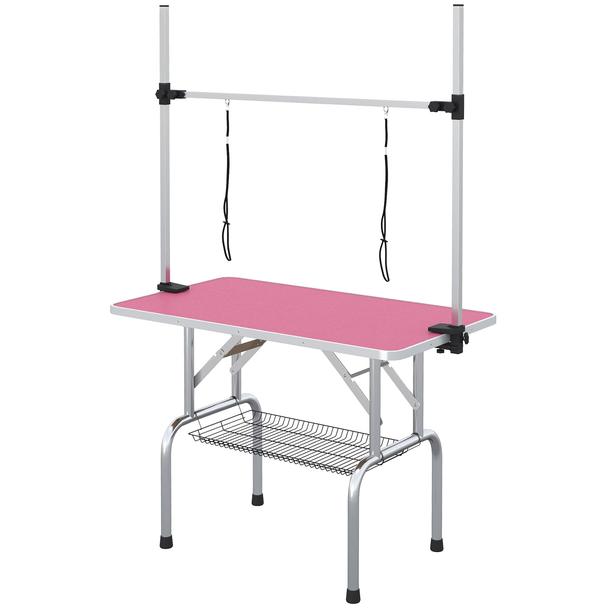 42" Foldable Dog Grooming Table Adjustable Pet Cat Drying Beauty Table Rubber Top with 2 Loops Storage Basket Metal Pink