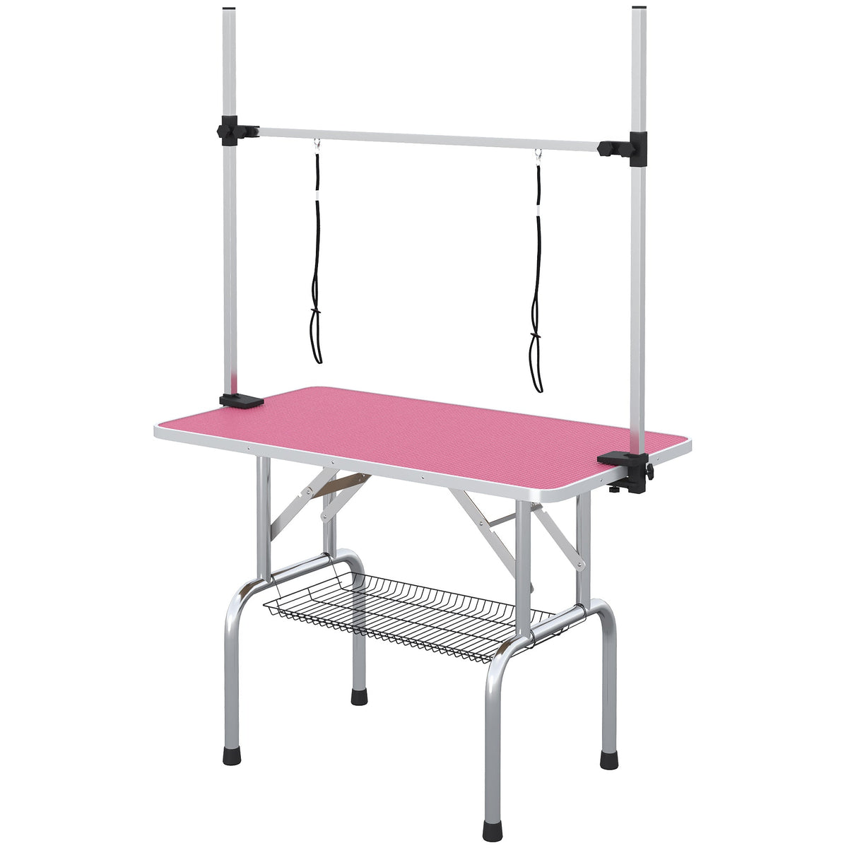 42" Foldable Dog Grooming Table Adjustable Pet Cat Drying Beauty Table Rubber Top with 2 Loops Storage Basket Metal Pink