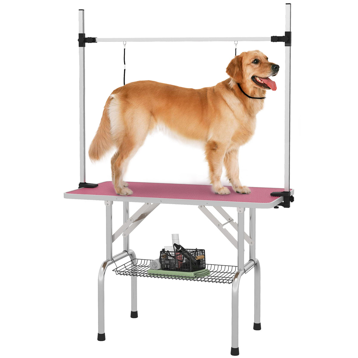 42" Foldable Dog Grooming Table Adjustable Pet Cat Drying Beauty Table Rubber Top with 2 Loops Storage Basket Metal Pink