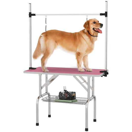 42" Foldable Dog Grooming Table Adjustable Pet Cat Drying Beauty Table Rubber Top with 2 Loops Storage Basket Metal Pink
