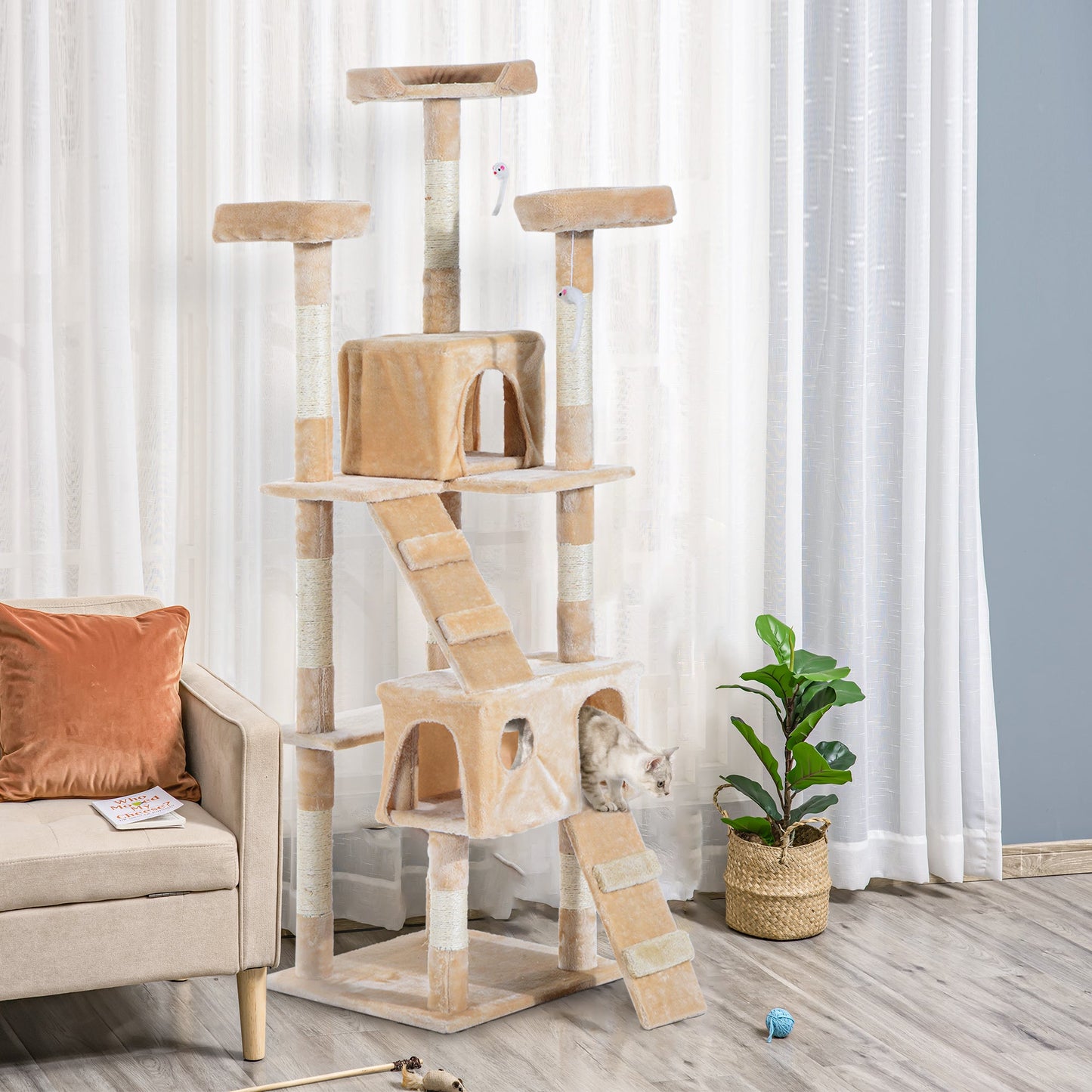 Cat Tree for Indoor Cats, 173cm Cat Tower Scratching Post Tall Climbing Tower, Activity Centre House - Cream