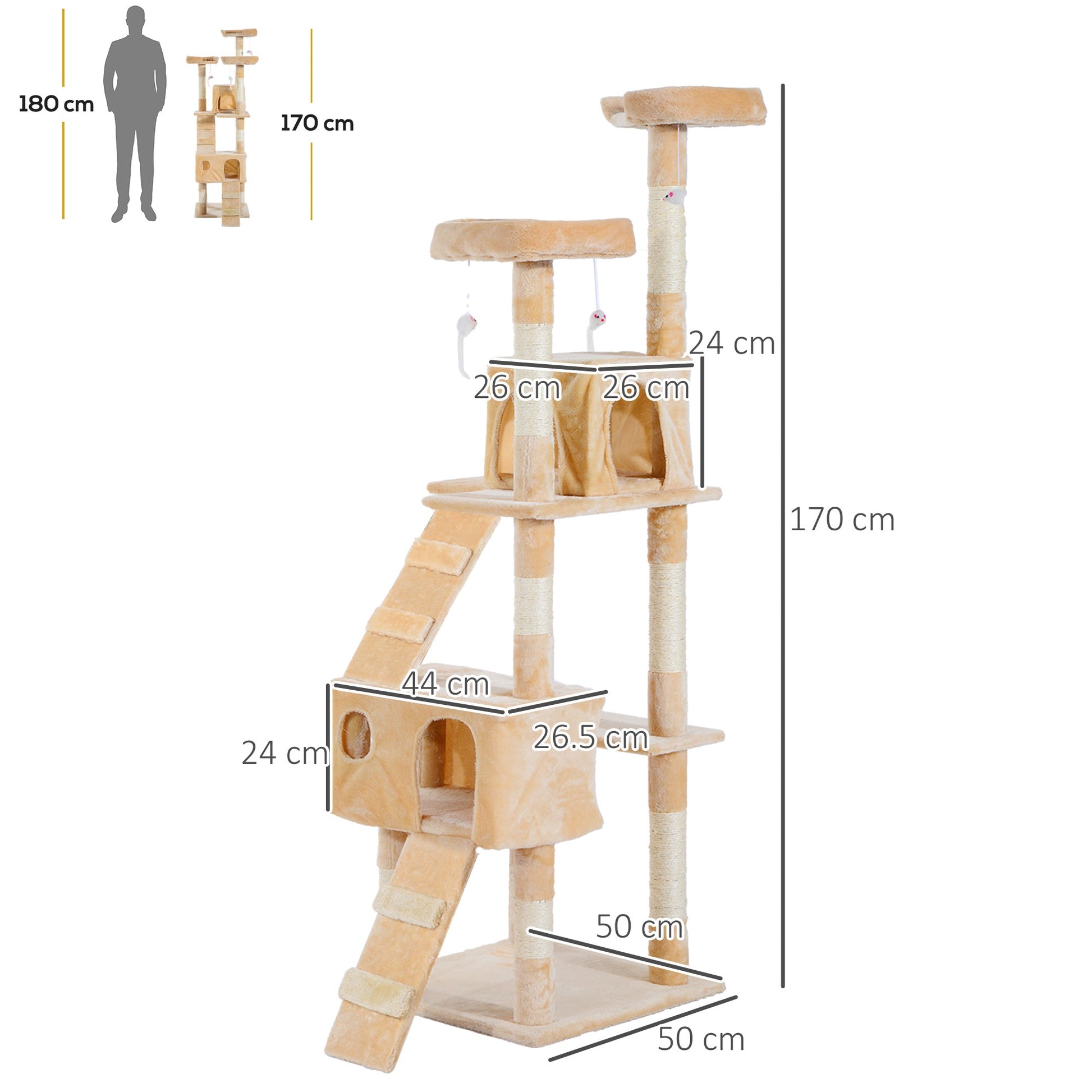 Cat Tree for Indoor Cats, 173cm Cat Tower Scratching Post Tall Climbing Tower, Activity Centre House - Cream