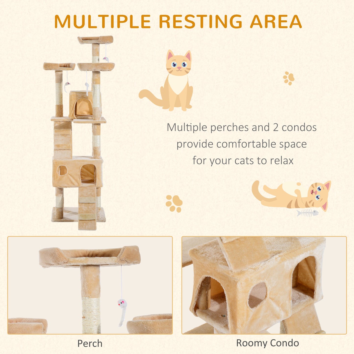 Cat Tree for Indoor Cats, 173cm Cat Tower Scratching Post Tall Climbing Tower, Activity Centre House - Cream