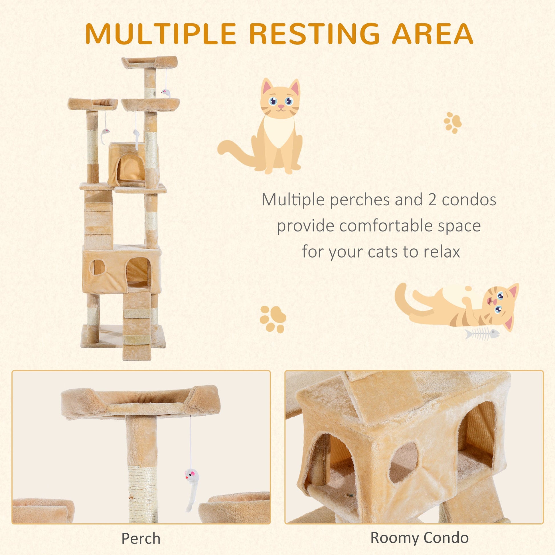 Cat Tree for Indoor Cats, 173cm Cat Tower Scratching Post Tall Climbing Tower, Activity Centre House - Cream