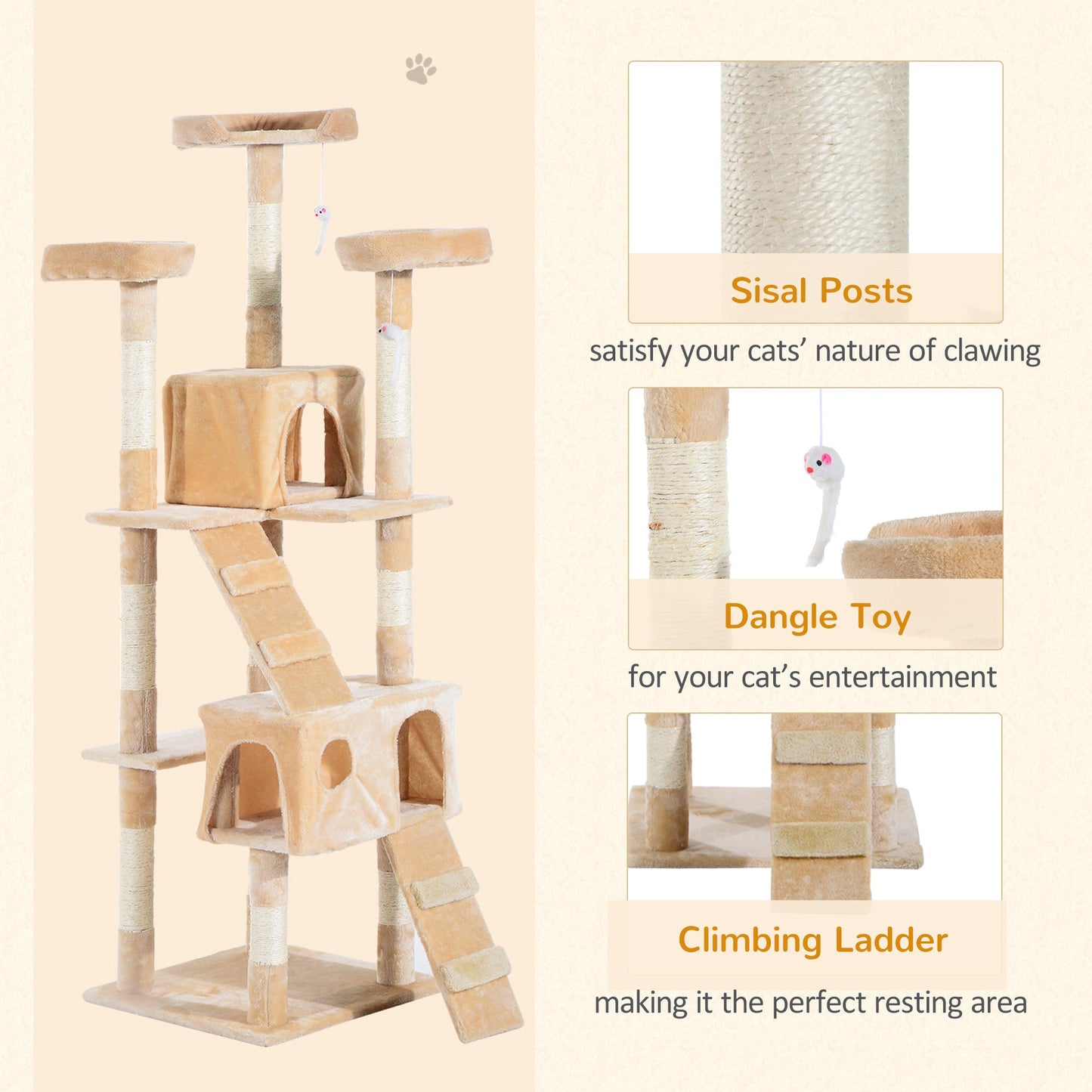 Cat Tree for Indoor Cats, 173cm Cat Tower Scratching Post Tall Climbing Tower, Activity Centre House - Cream