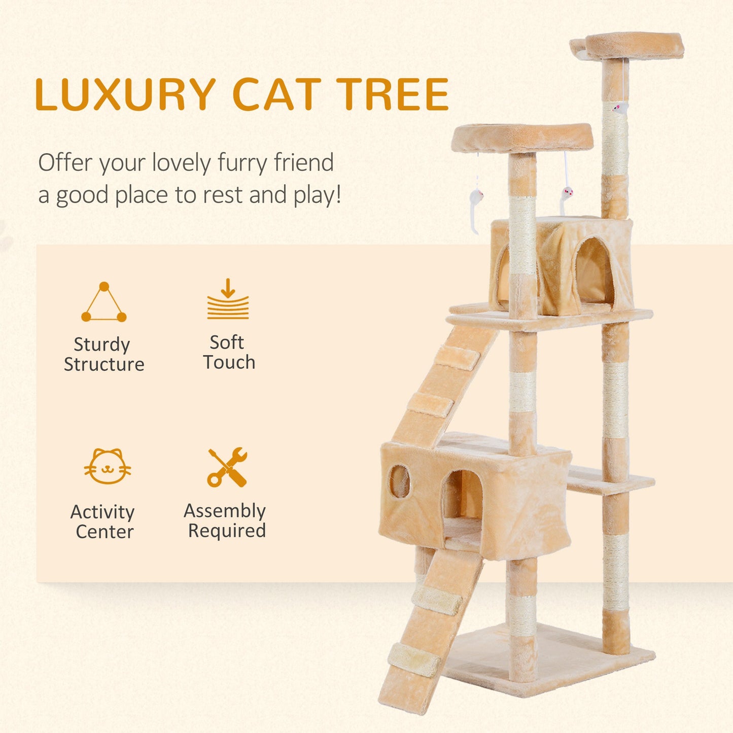 Cat Tree for Indoor Cats, 173cm Cat Tower Scratching Post Tall Climbing Tower, Activity Centre House - Cream
