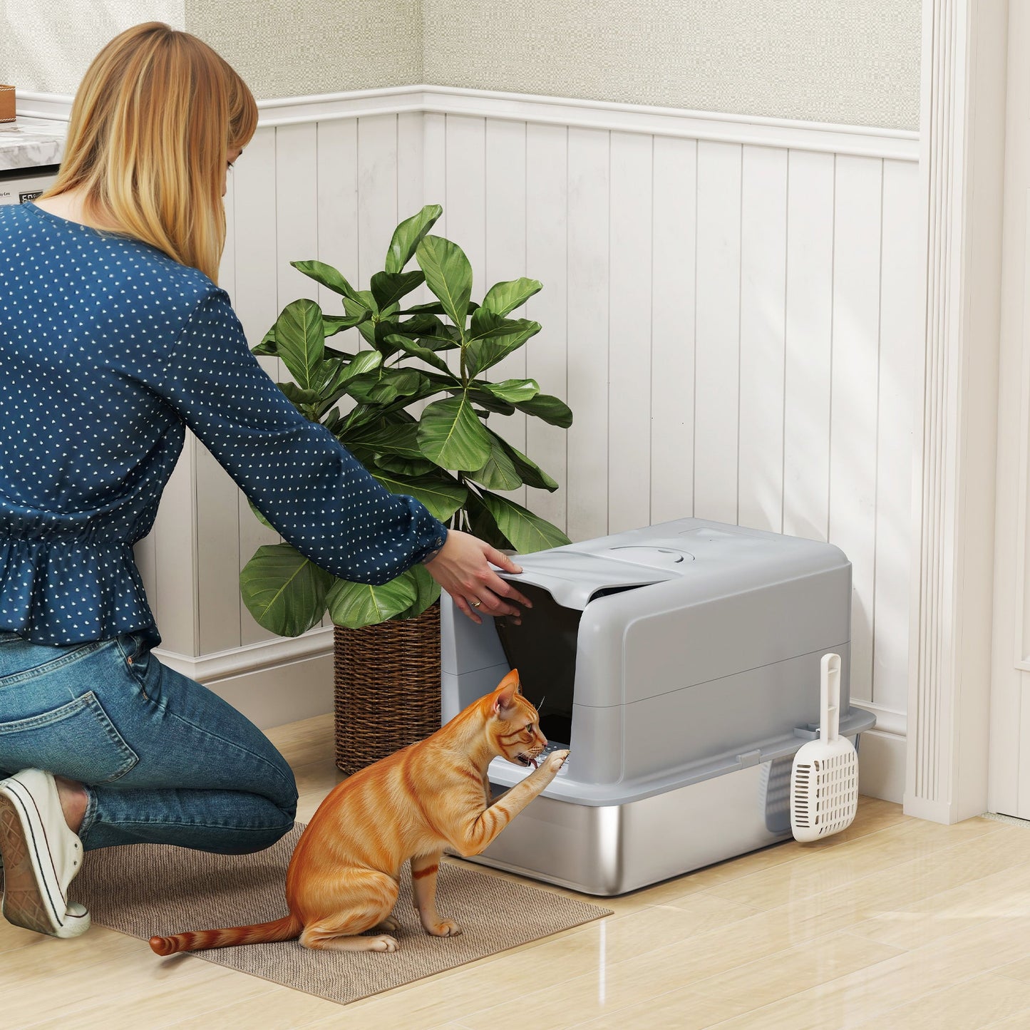 Stainless Steel Cat Litter Box, Extra Large Metal Cat Litter Tray with Lid, Scoop, Filter Bags, Grey
