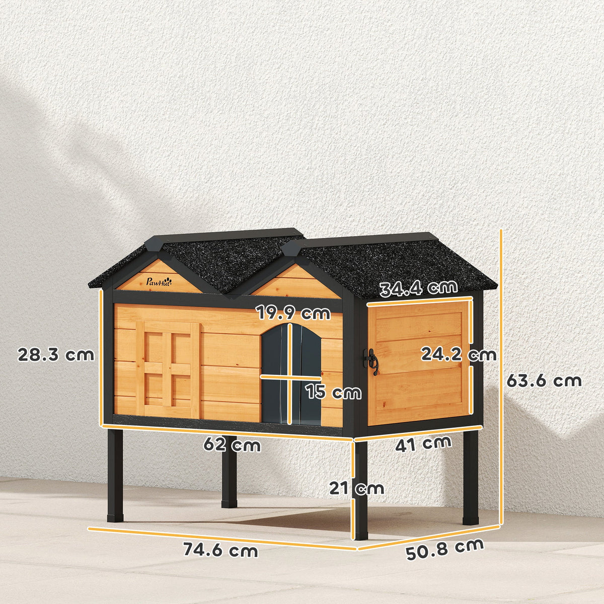 Outdoor Cat House Wooden with Removable Liner, Raised Cat Shelter Outdoor Indoor, Weatherproof Asphalt Roof, Wide Side Cleaning Door, PVC Curtain, 1 Cat up to 10 kg
