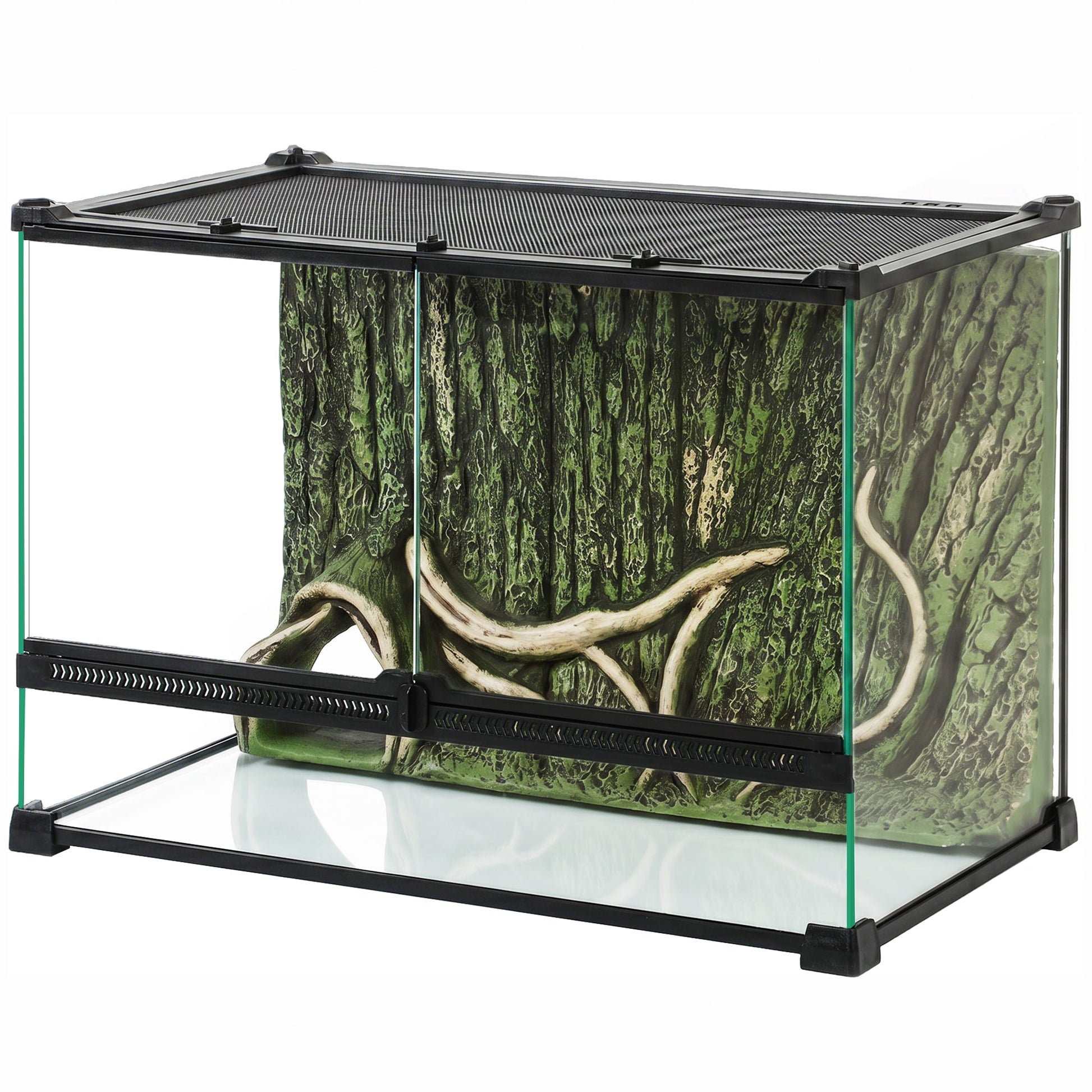 Reptile Glass Terrarium, Reptile Vivarium with Tree Bark Background, Front Ventilation, Escape-Proof Knob Lock, Glass Enclosure for Lizards, Horned Frogs, Snakes, 50 x 30 x 35 cm, Black