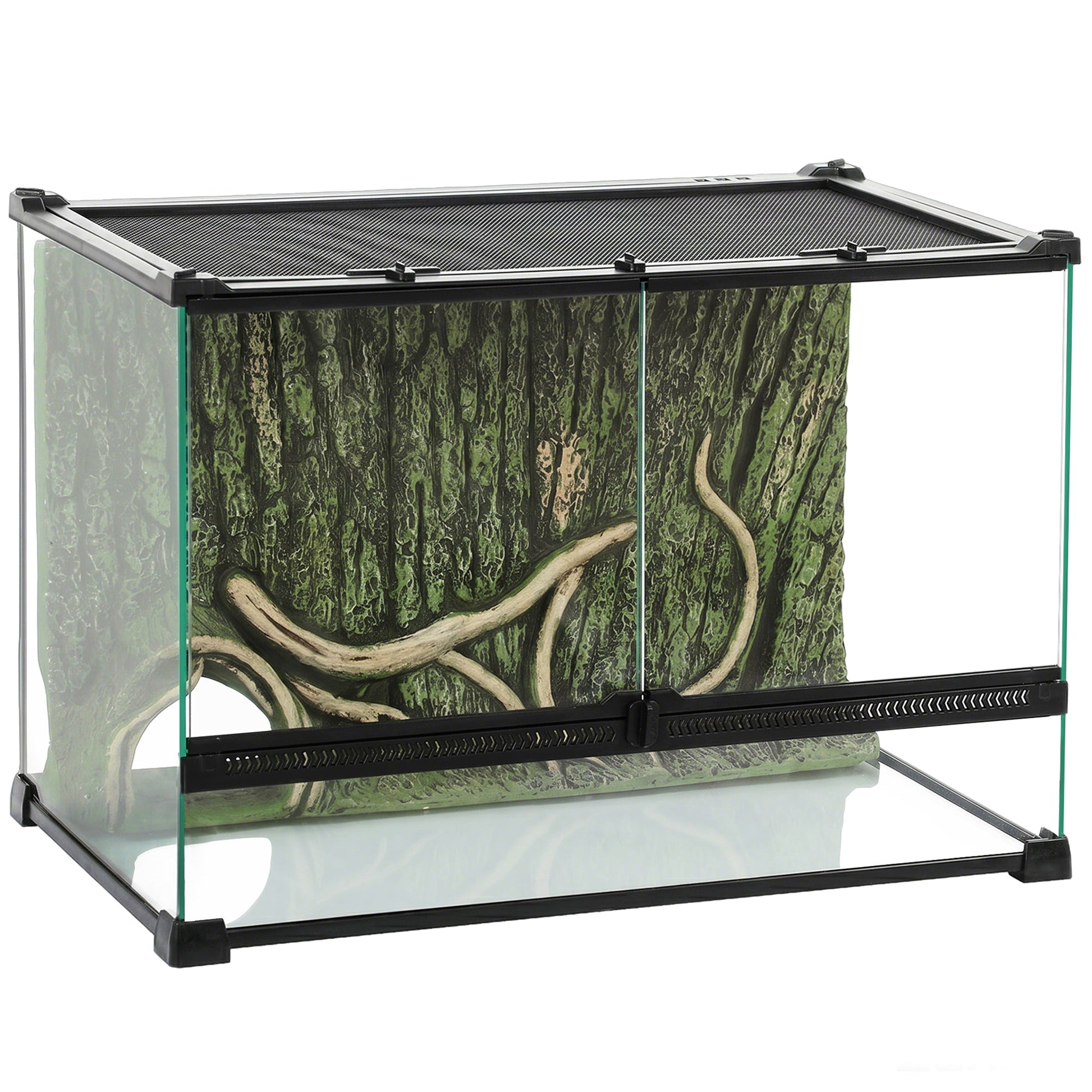 Reptile Glass Terrarium, Reptile Vivarium with Tree Bark Background, Front Ventilation, Escape-Proof Knob Lock, Glass Enclosure for Lizards, Horned Frogs, Snakes, 50 x 30 x 35 cm, Black