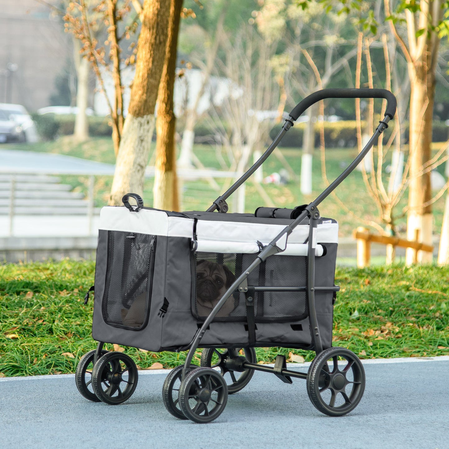 Dog Pram Dog Stroller Pet Pushchair with Detachable Carrier Soft Padding, Safety Leashes, for Mini and Small Dogs - Grey