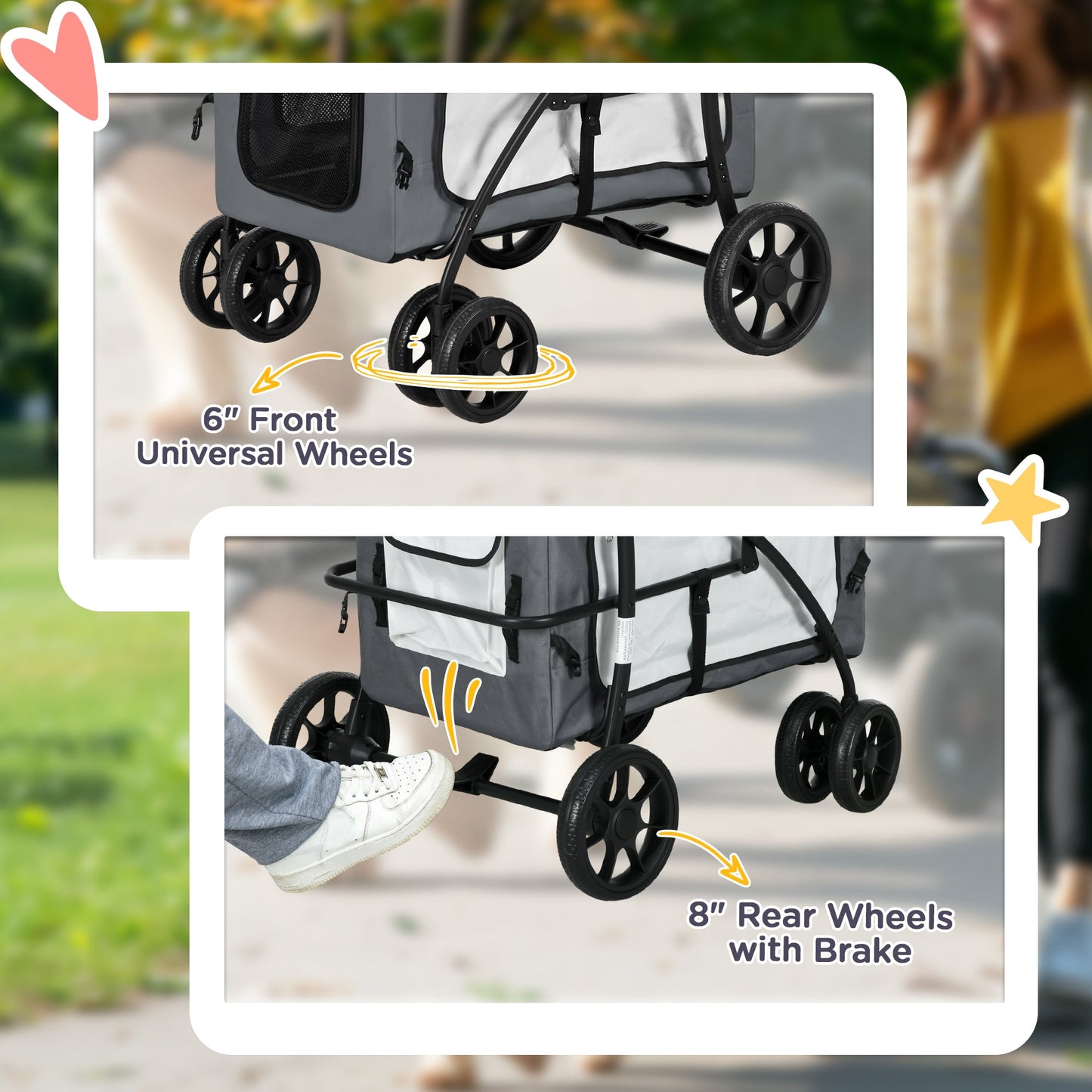 Dog Pram Dog Stroller Pet Pushchair with Detachable Carrier Soft Padding, Safety Leashes, for Mini and Small Dogs - Grey