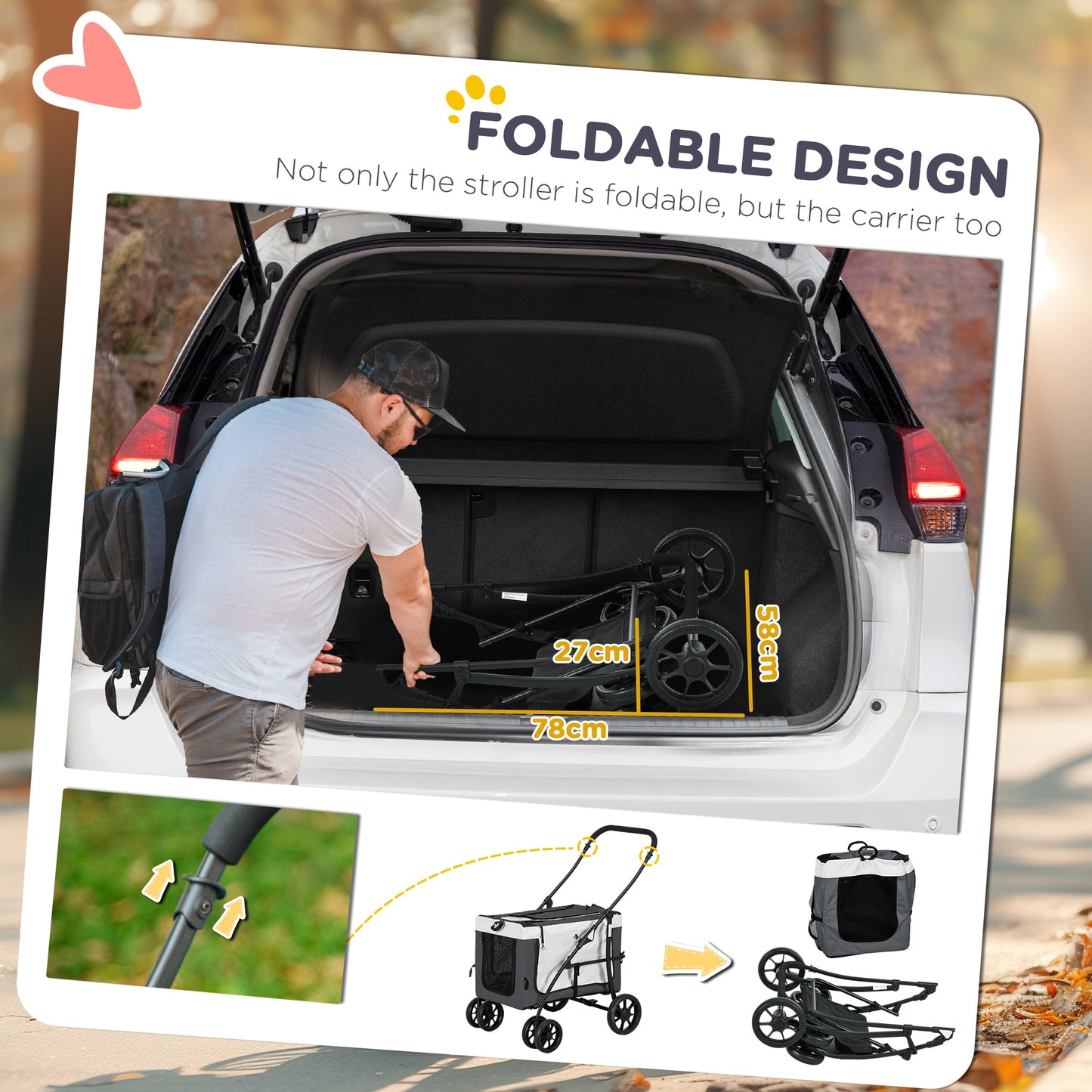 Dog Pram Dog Stroller Pet Pushchair with Detachable Carrier Soft Padding, Safety Leashes, for Mini and Small Dogs - Grey