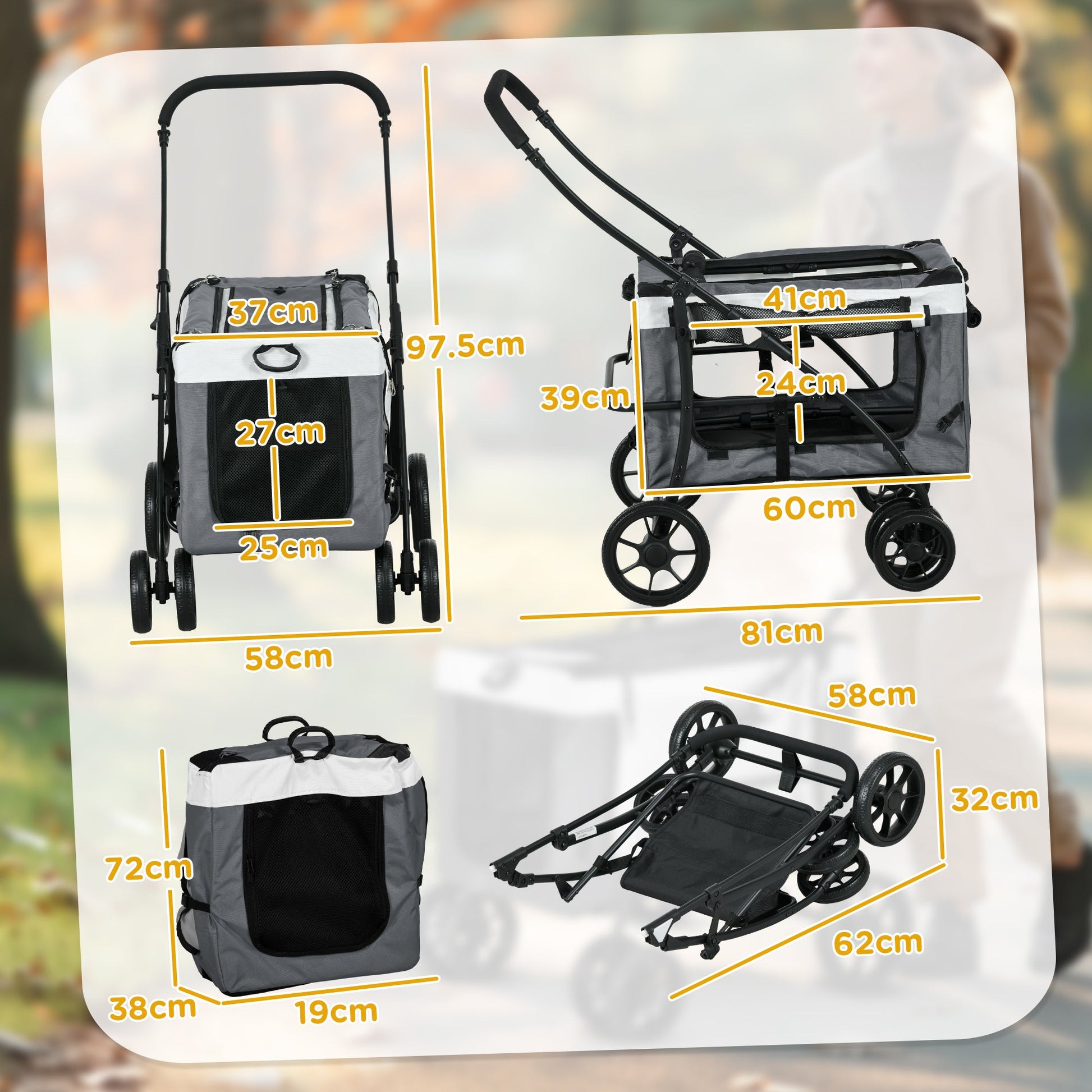 Dog Pram Dog Stroller Pet Pushchair with Detachable Carrier Soft Padding, Safety Leashes, for Mini and Small Dogs - Grey