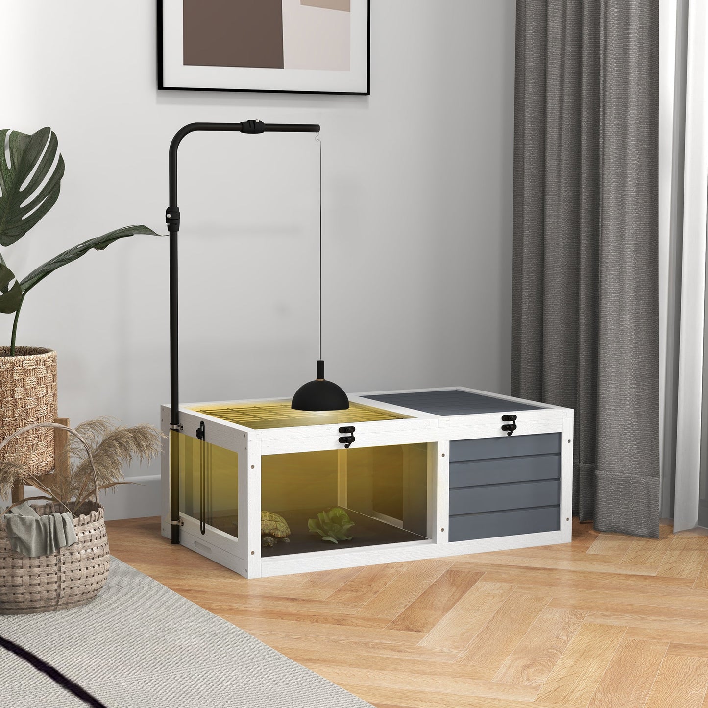 Tortoise House, Wooden Tortoise Table, Tortoise Enclosure with Adjustable Lamp Holder, Openable Lids, Pull-Out Trays - Grey