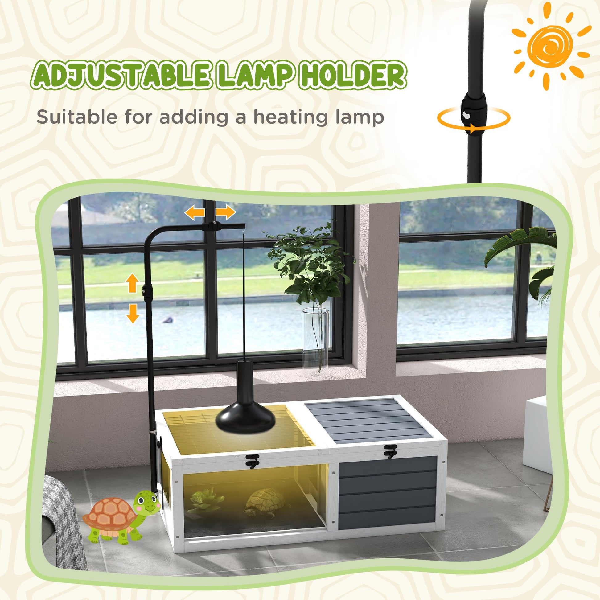 Tortoise House, Wooden Tortoise Table, Tortoise Enclosure with Adjustable Lamp Holder, Openable Lids, Pull-Out Trays - Grey