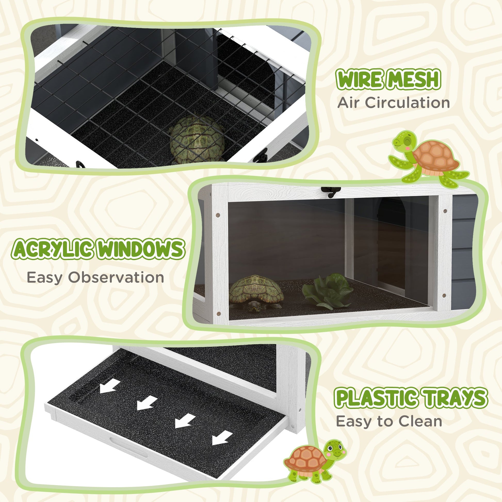 Tortoise House, Wooden Tortoise Table, Tortoise Enclosure with Adjustable Lamp Holder, Openable Lids, Pull-Out Trays - Grey