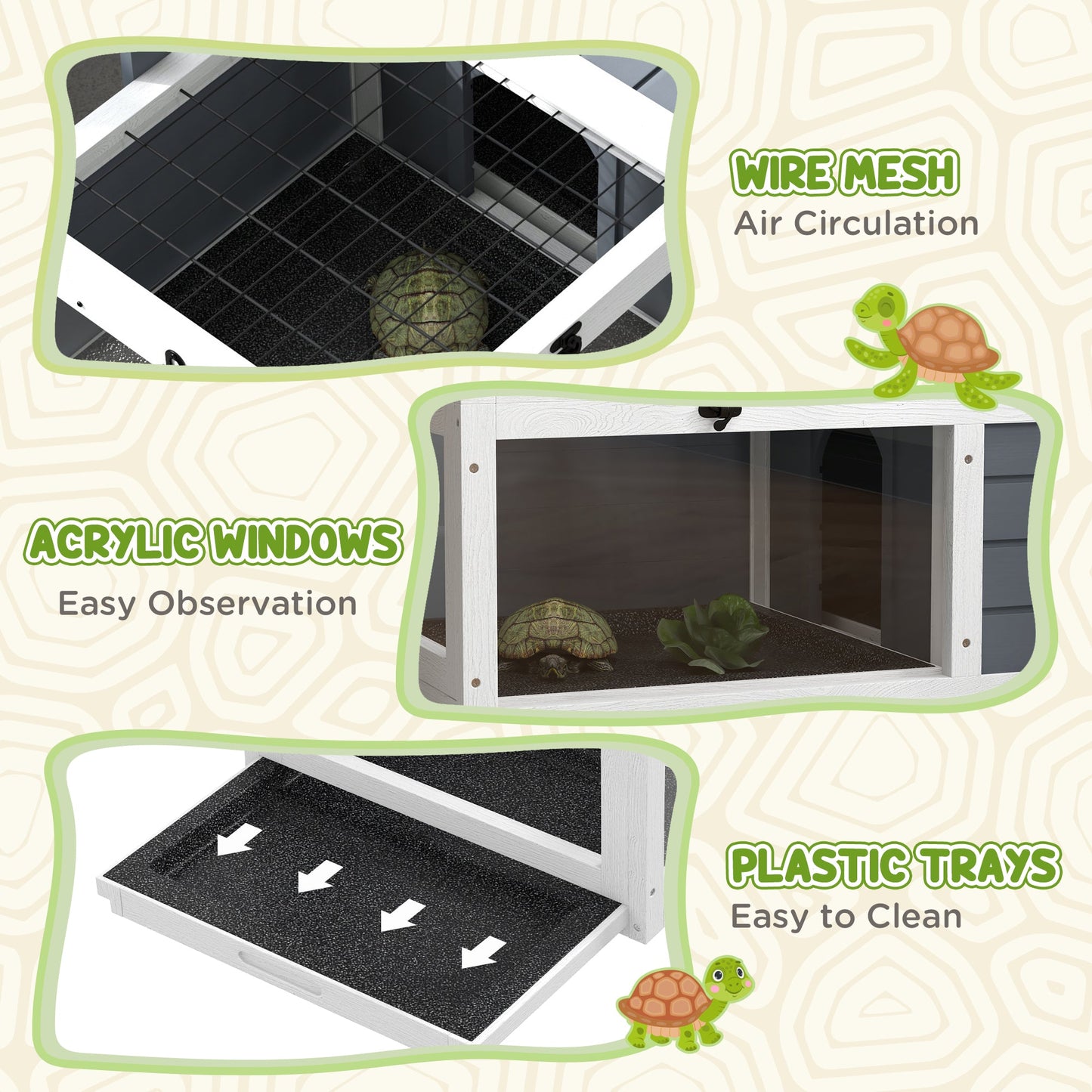 Tortoise House, Wooden Tortoise Table, Tortoise Enclosure with Adjustable Lamp Holder, Openable Lids, Pull-Out Trays - Grey
