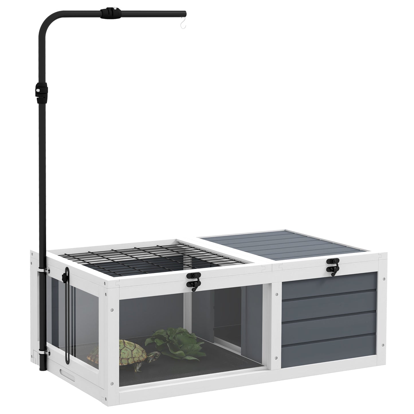 Tortoise House, Wooden Tortoise Table, Tortoise Enclosure with Adjustable Lamp Holder, Openable Lids, Pull-Out Trays - Grey