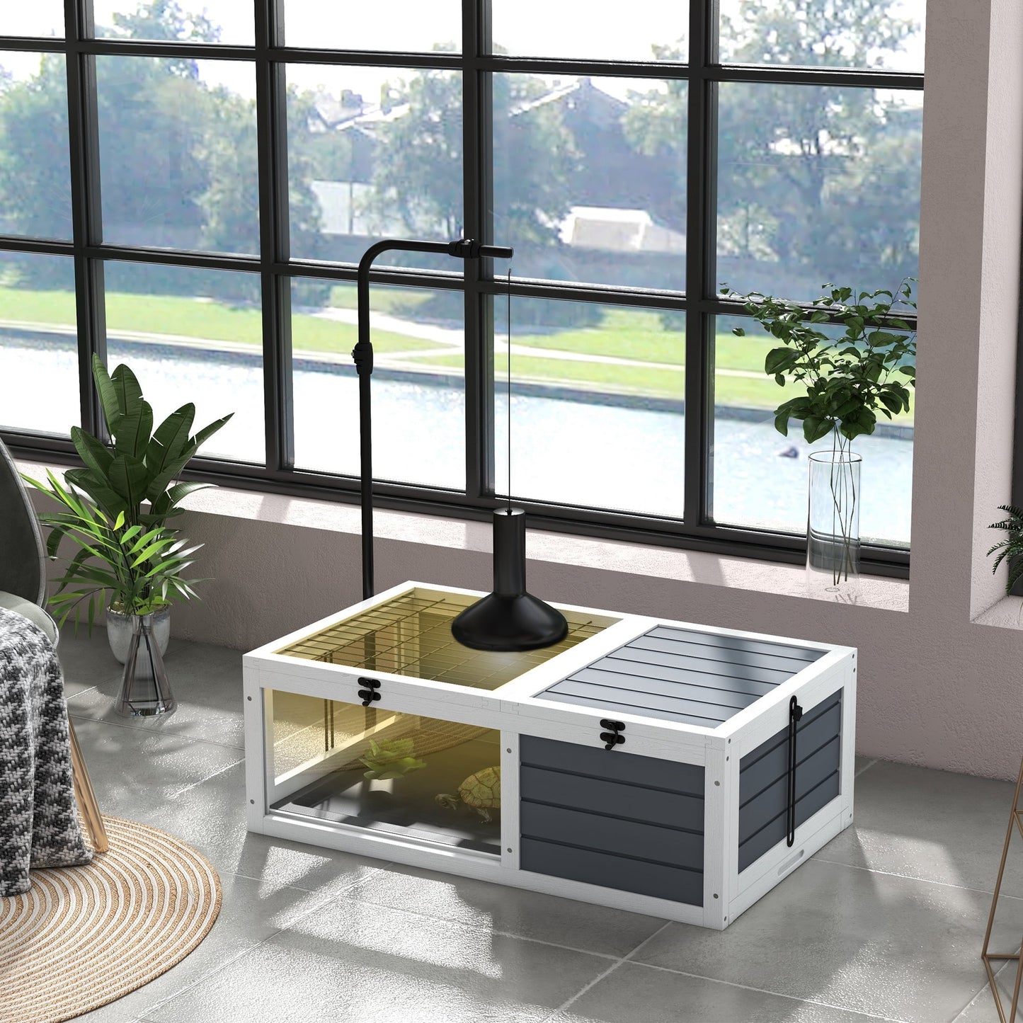 Tortoise House, Wooden Tortoise Table, Tortoise Enclosure with Adjustable Lamp Holder, Openable Lids, Pull-Out Trays - Grey