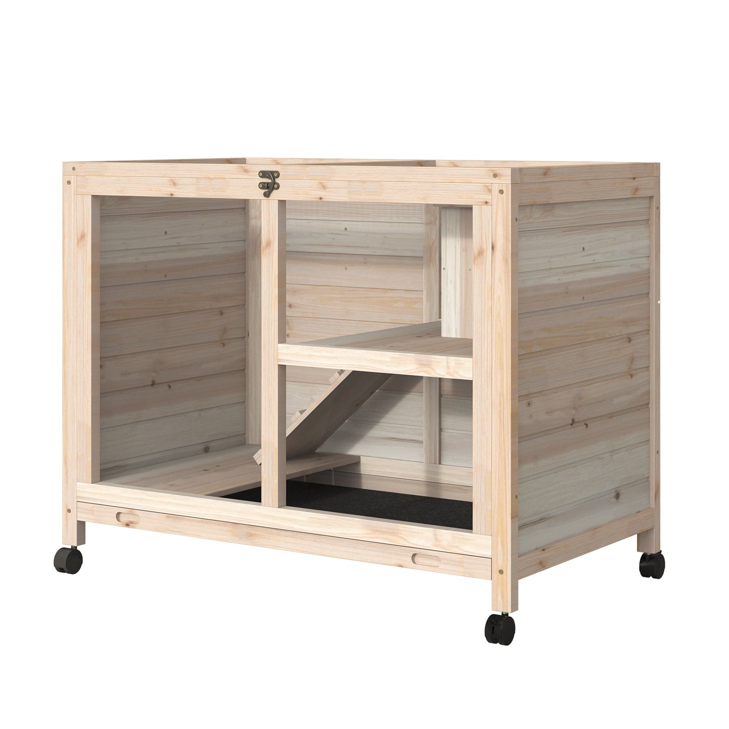 Rabbit Hutch Indoor Wooden Guinea Pig House Hamster Cage with Wheels, 2 Layers Bunny Cage with Openable Roof, 91.5 x 53.3 x 73 cm, Natural