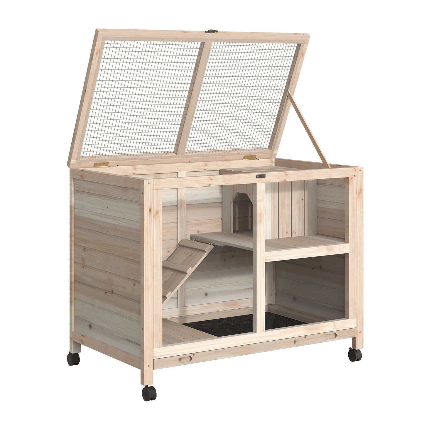 Rabbit Hutch Indoor Wooden Guinea Pig House Hamster Cage with Wheels, 2 Layers Bunny Cage with Openable Roof, 91.5 x 53.3 x 73 cm, Natural