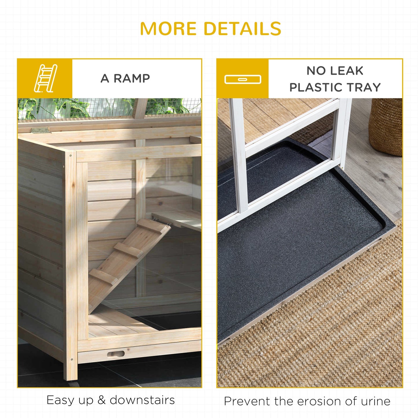 Rabbit Hutch Indoor Wooden Guinea Pig House Hamster Cage with Wheels, 2 Layers Bunny Cage with Openable Roof, 91.5 x 53.3 x 73 cm, Natural