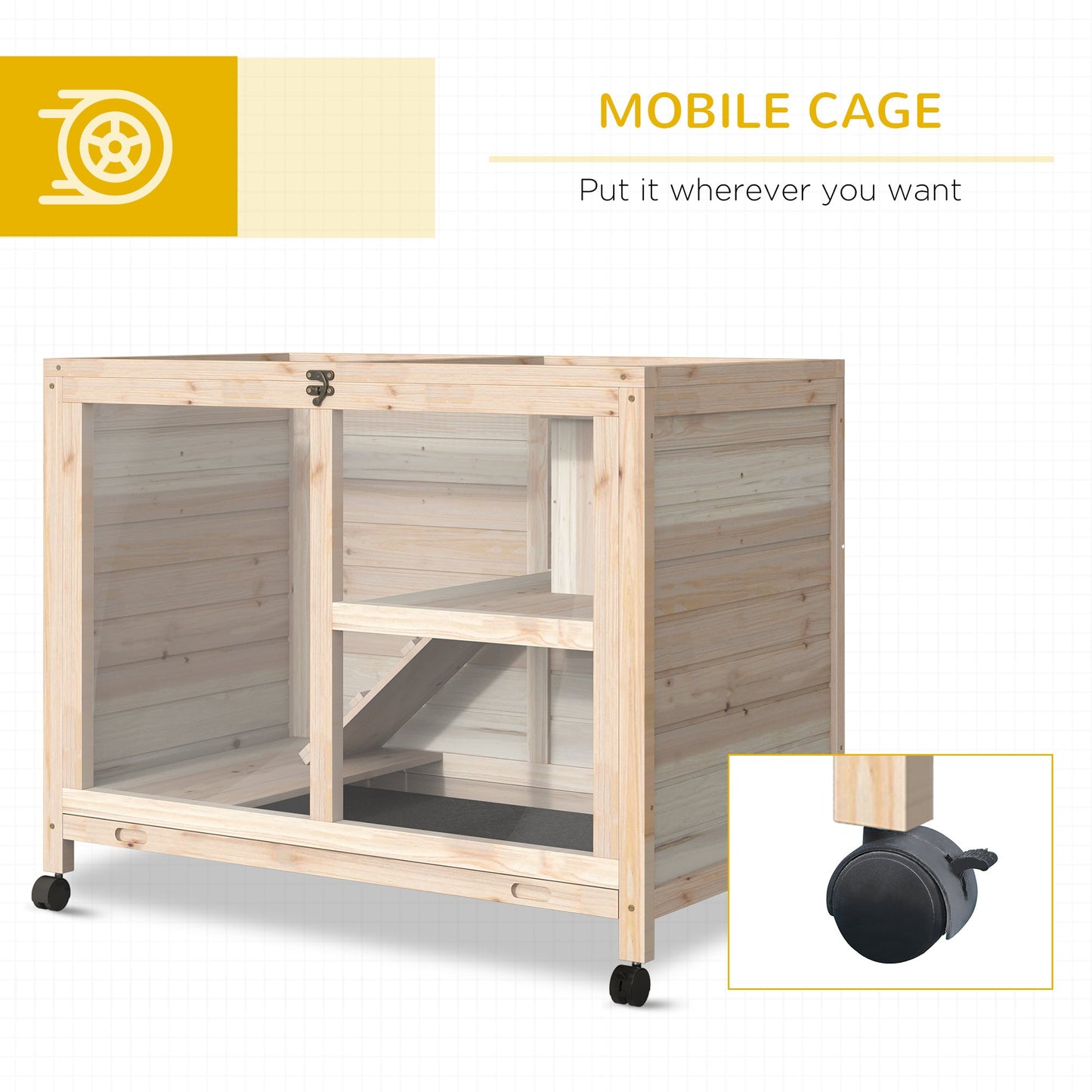 Rabbit Hutch Indoor Wooden Guinea Pig House Hamster Cage with Wheels, 2 Layers Bunny Cage with Openable Roof, 91.5 x 53.3 x 73 cm, Natural