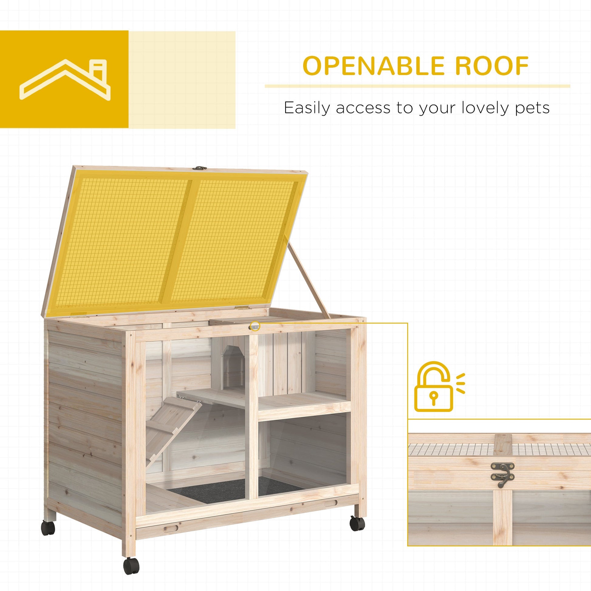 Rabbit Hutch Indoor Wooden Guinea Pig House Hamster Cage with Wheels, 2 Layers Bunny Cage with Openable Roof, 91.5 x 53.3 x 73 cm, Natural