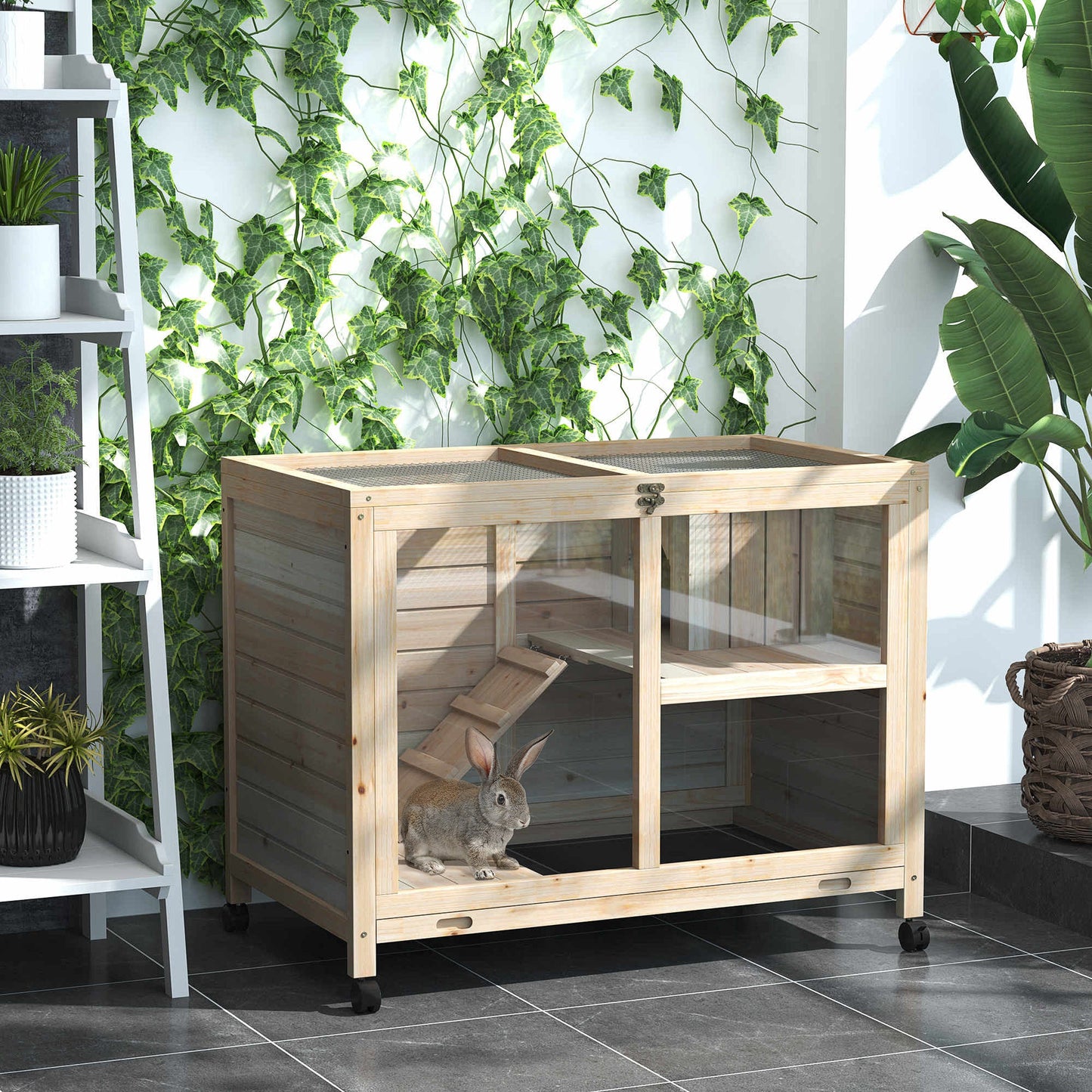 Rabbit Hutch Indoor Wooden Guinea Pig House Hamster Cage with Wheels, 2 Layers Bunny Cage with Openable Roof, 91.5 x 53.3 x 73 cm, Natural
