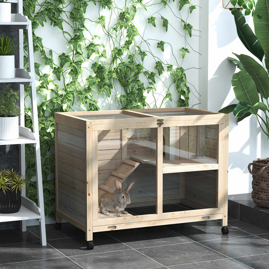 Rabbit Hutch Indoor Wooden Guinea Pig House Hamster Cage with Wheels, 2 Layers Bunny Cage with Openable Roof, 91.5 x 53.3 x 73 cm, Natural
