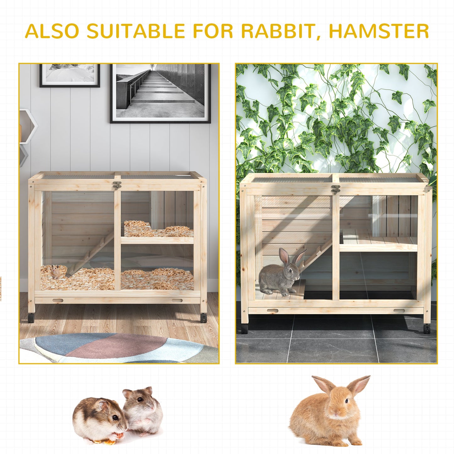 Rabbit Hutch Indoor Wooden Guinea Pig House Hamster Cage with Wheels, 2 Layers Bunny Cage with Openable Roof, 91.5 x 53.3 x 73 cm, Natural