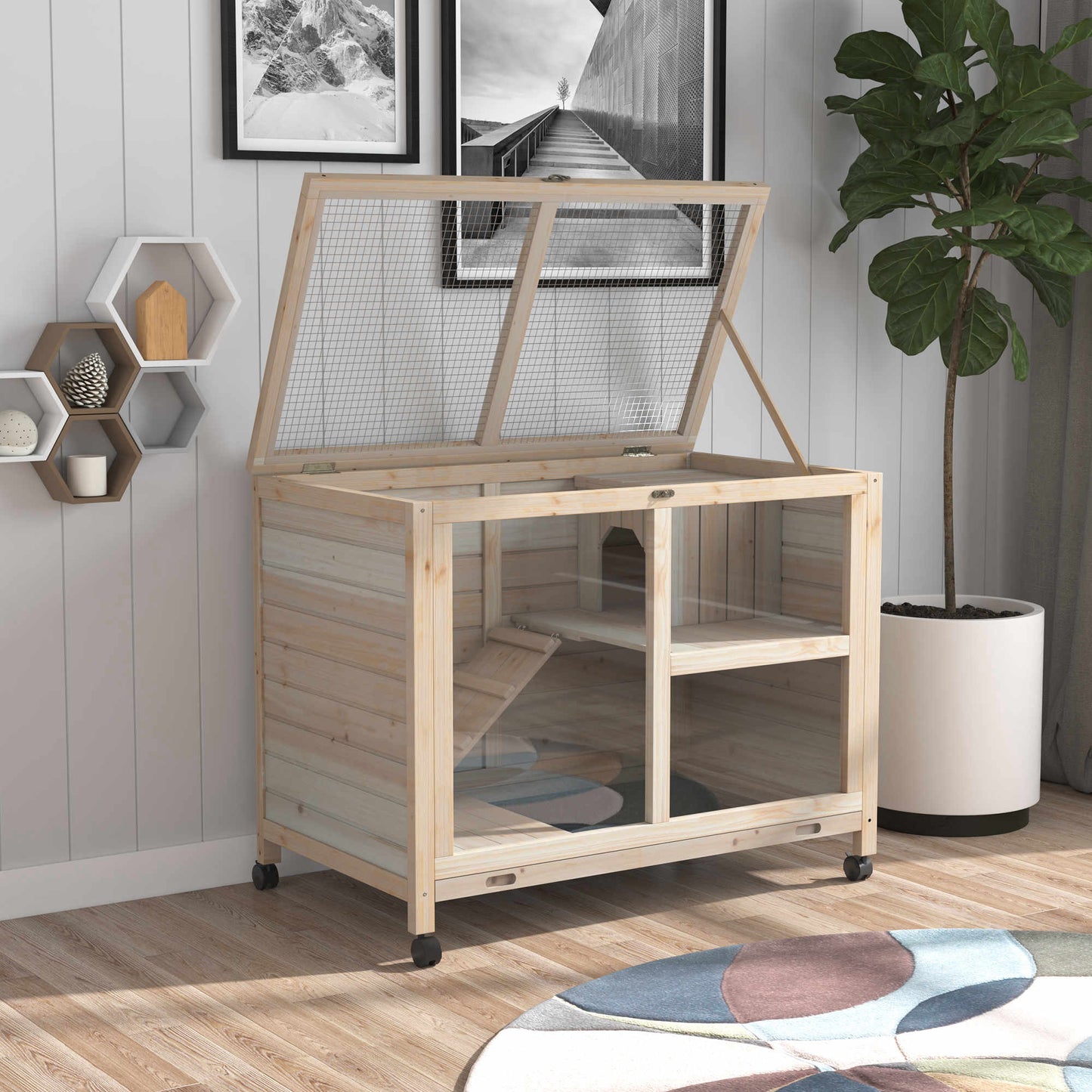 Rabbit Hutch Indoor Wooden Guinea Pig House Hamster Cage with Wheels, 2 Layers Bunny Cage with Openable Roof, 91.5 x 53.3 x 73 cm, Natural