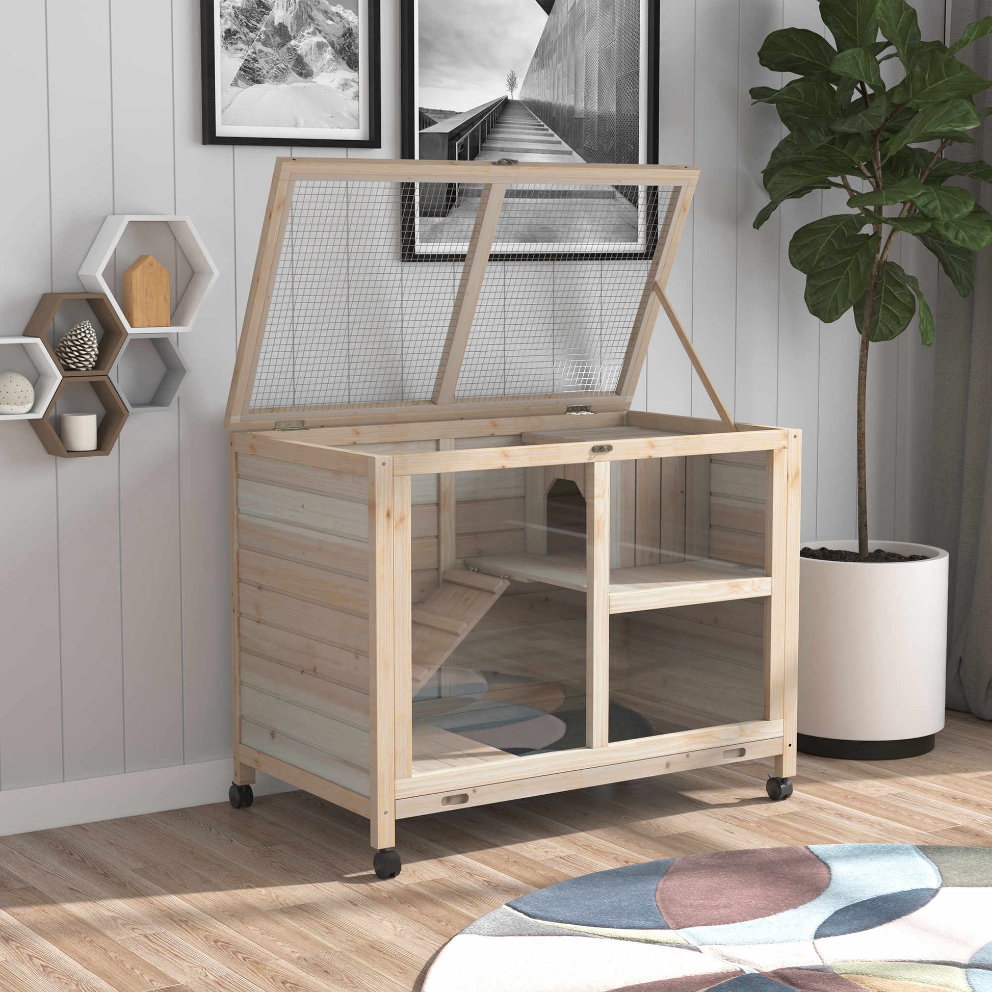 Rabbit Hutch Indoor Wooden Guinea Pig House Hamster Cage with Wheels, 2 Layers Bunny Cage with Openable Roof, 91.5 x 53.3 x 73 cm, Natural