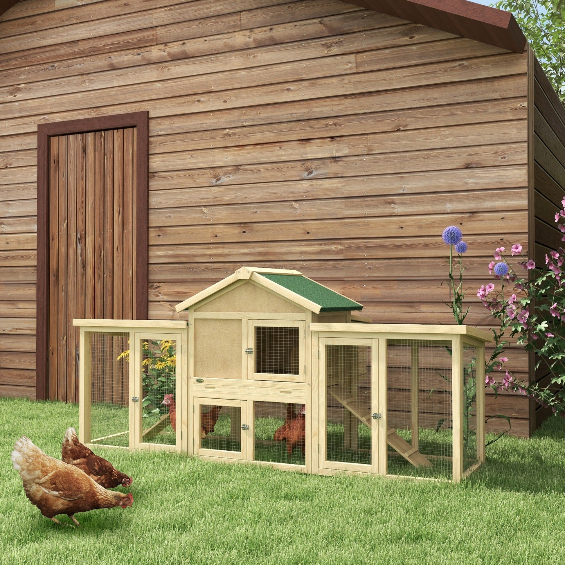 Large Chicken Coop with Run Garden Hen House Poultry Coops Cages with Nesting Box Wooden 204 x 85 x 93cm, Natural Wood Finish