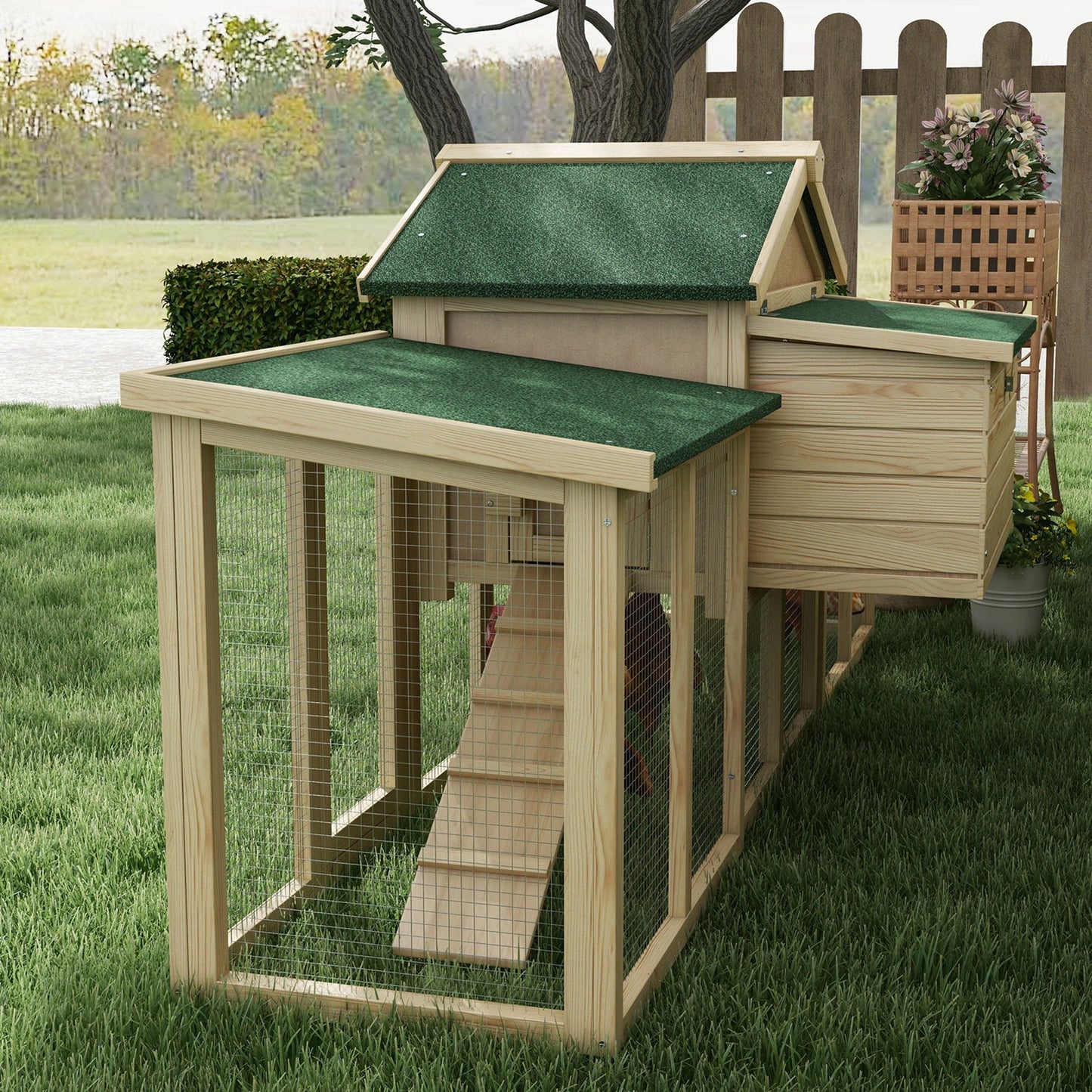 Large Chicken Coop with Run Garden Hen House Poultry Coops Cages with Nesting Box Wooden 204 x 85 x 93cm, Natural Wood Finish