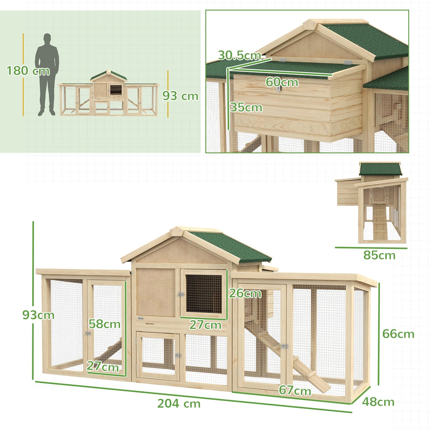 Large Chicken Coop with Run Garden Hen House Poultry Coops Cages with Nesting Box Wooden 204 x 85 x 93cm, Natural Wood Finish