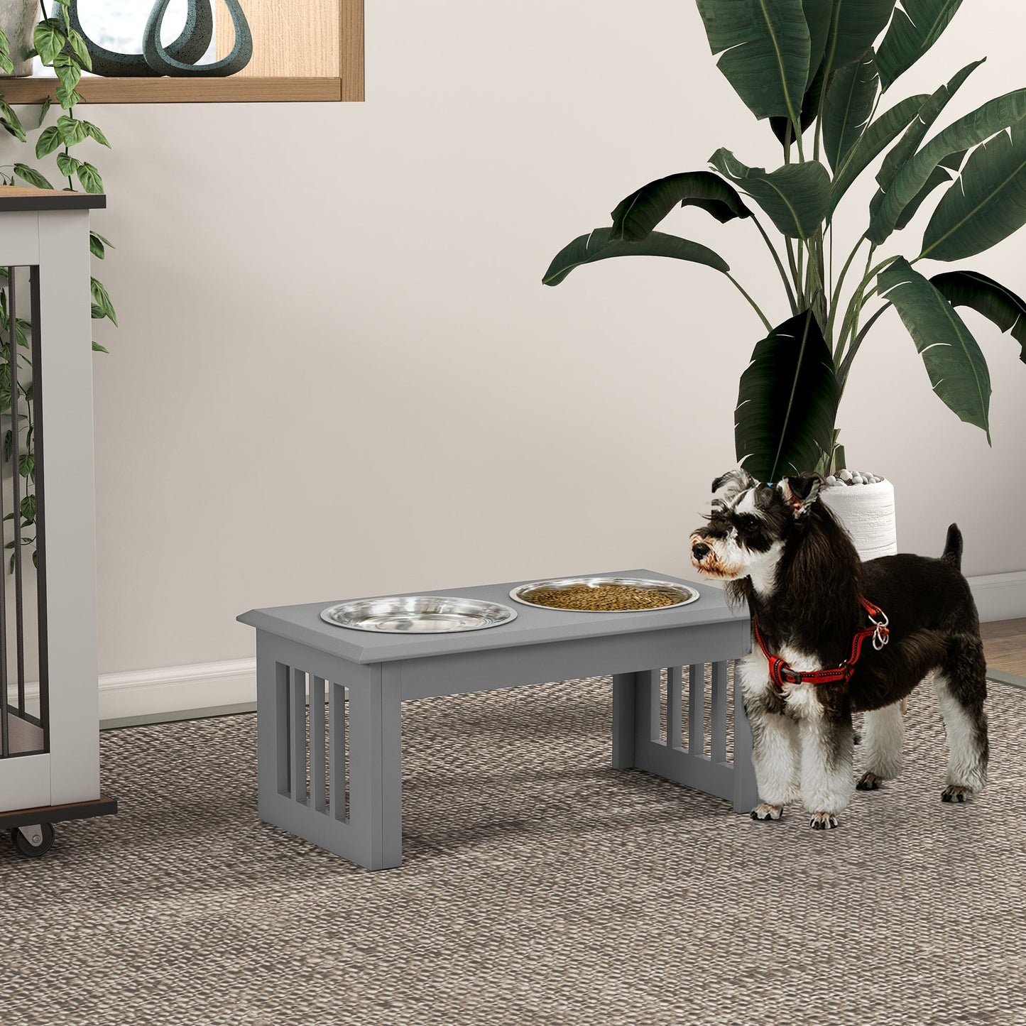 Raised Dog Bowl Feeding Bowls with Stand for Medium Dogs Elevated Pet Bowls Water Food Feeder 58L x 31W x 25H cm - Grey