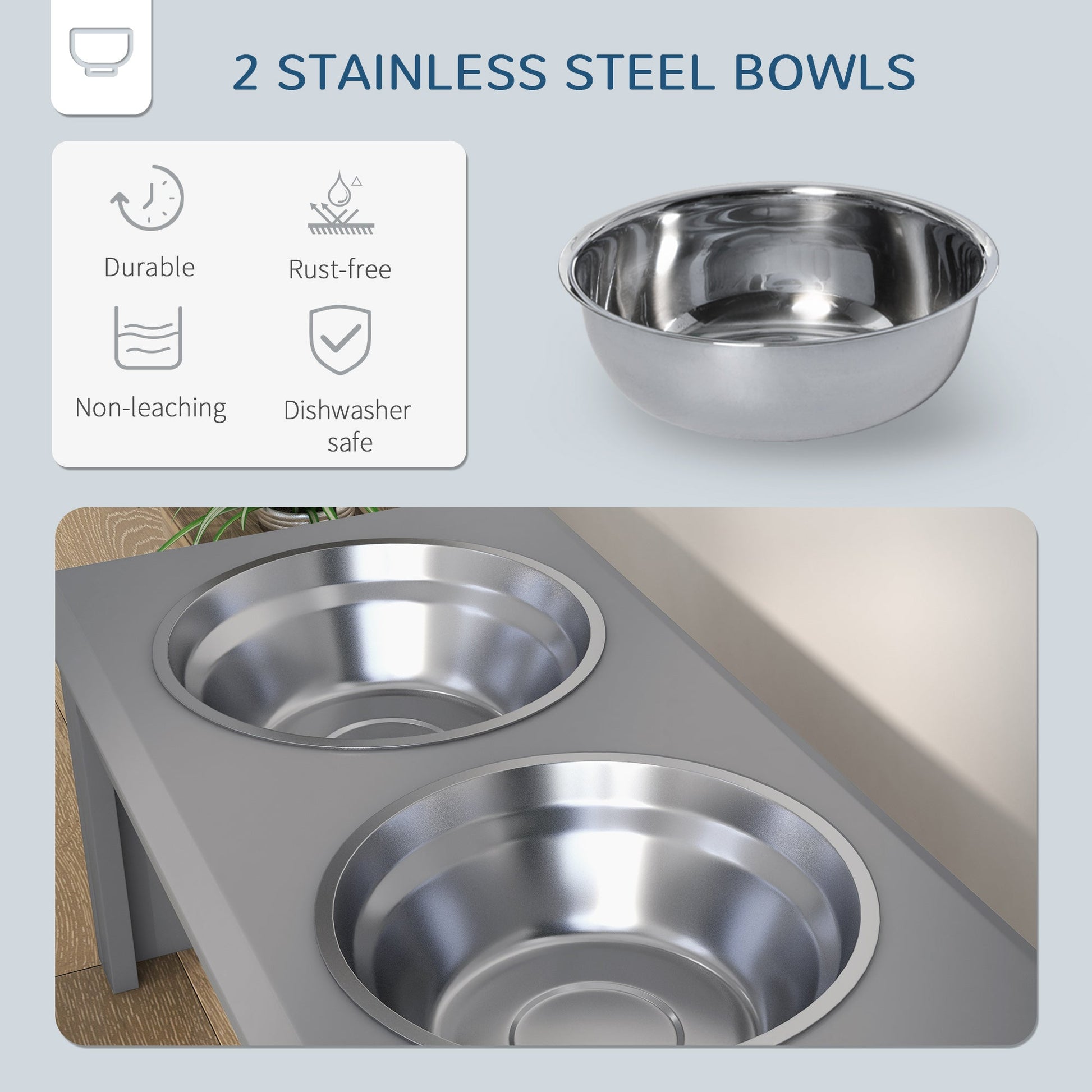 Raised Dog Bowl Feeding Bowls with Stand for Medium Dogs Elevated Pet Bowls Water Food Feeder 58L x 31W x 25H cm - Grey