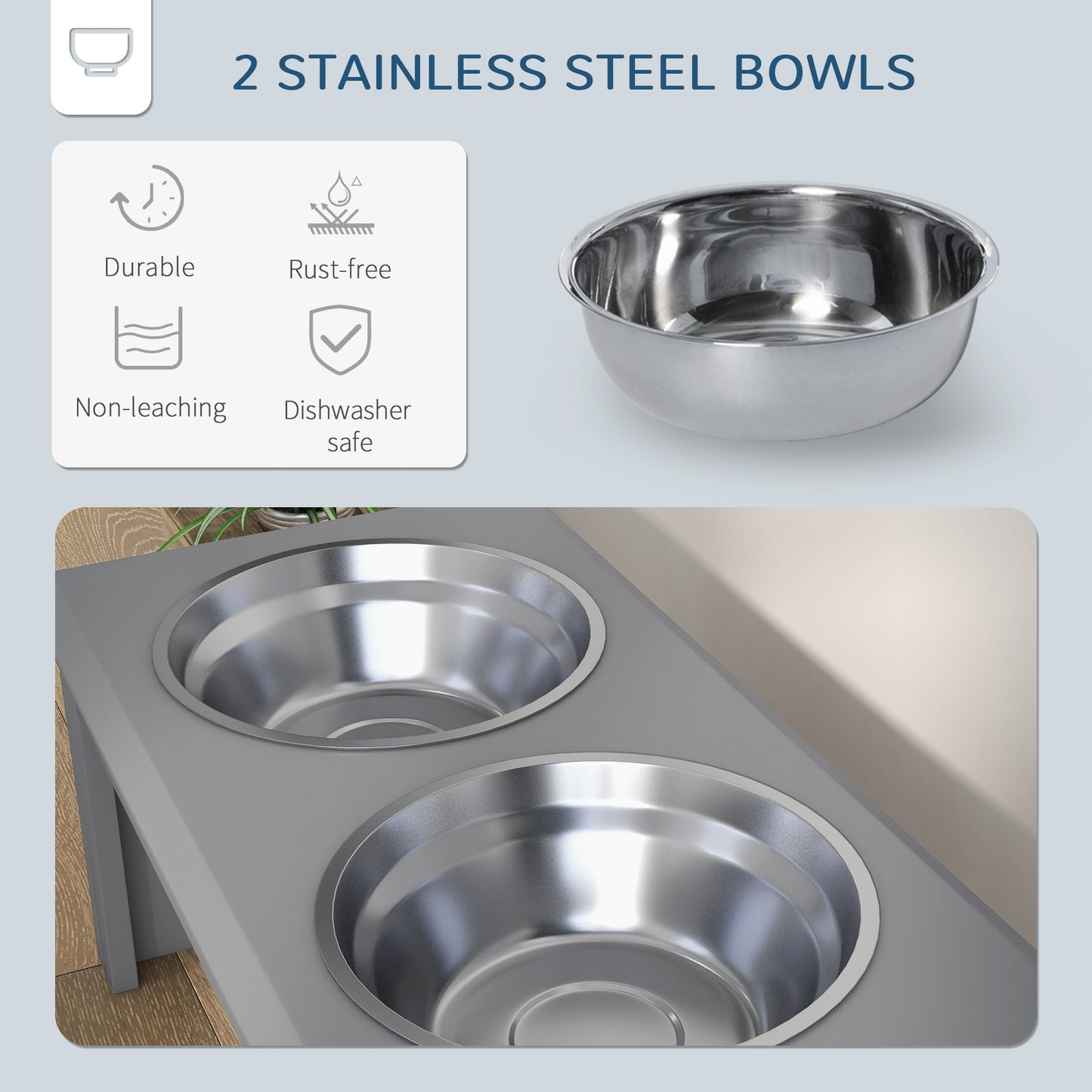 Raised Dog Bowl Feeding Bowls with Stand for Medium Dogs Elevated Pet Bowls Water Food Feeder 58L x 31W x 25H cm - Grey