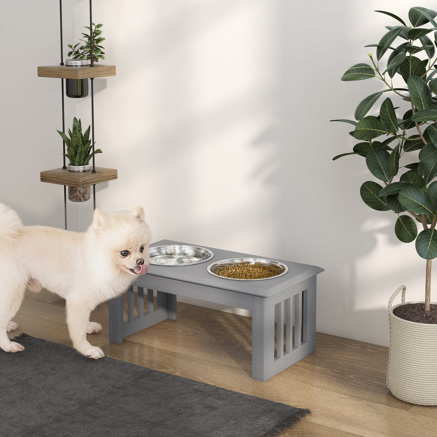 Raised Dog Bowl Feeding Bowls with Stand for Medium Dogs Elevated Pet Bowls Water Food Feeder 58L x 31W x 25H cm - Grey