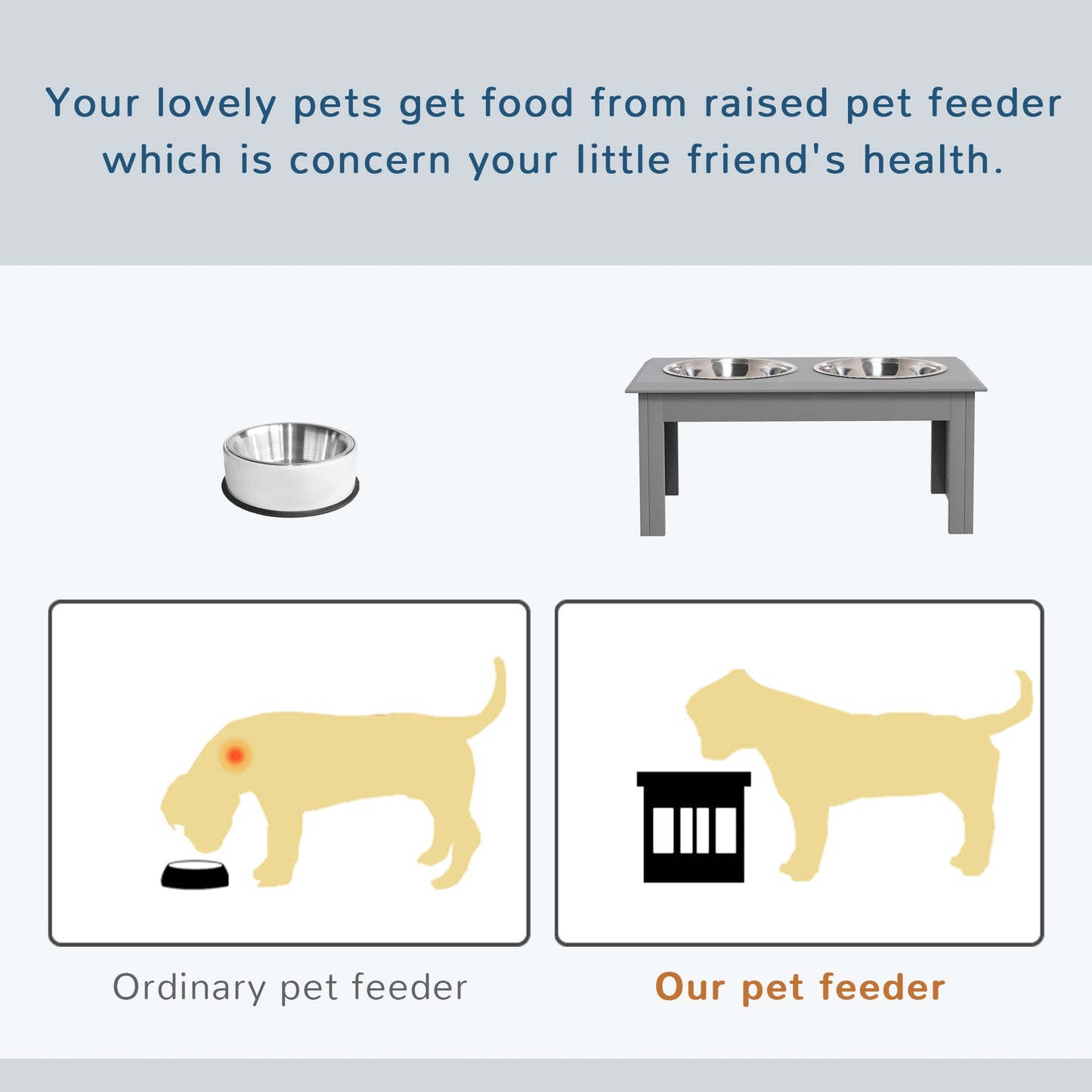Raised Dog Bowl Feeding Bowls with Stand for Medium Dogs Elevated Pet Bowls Water Food Feeder 58L x 31W x 25H cm - Grey