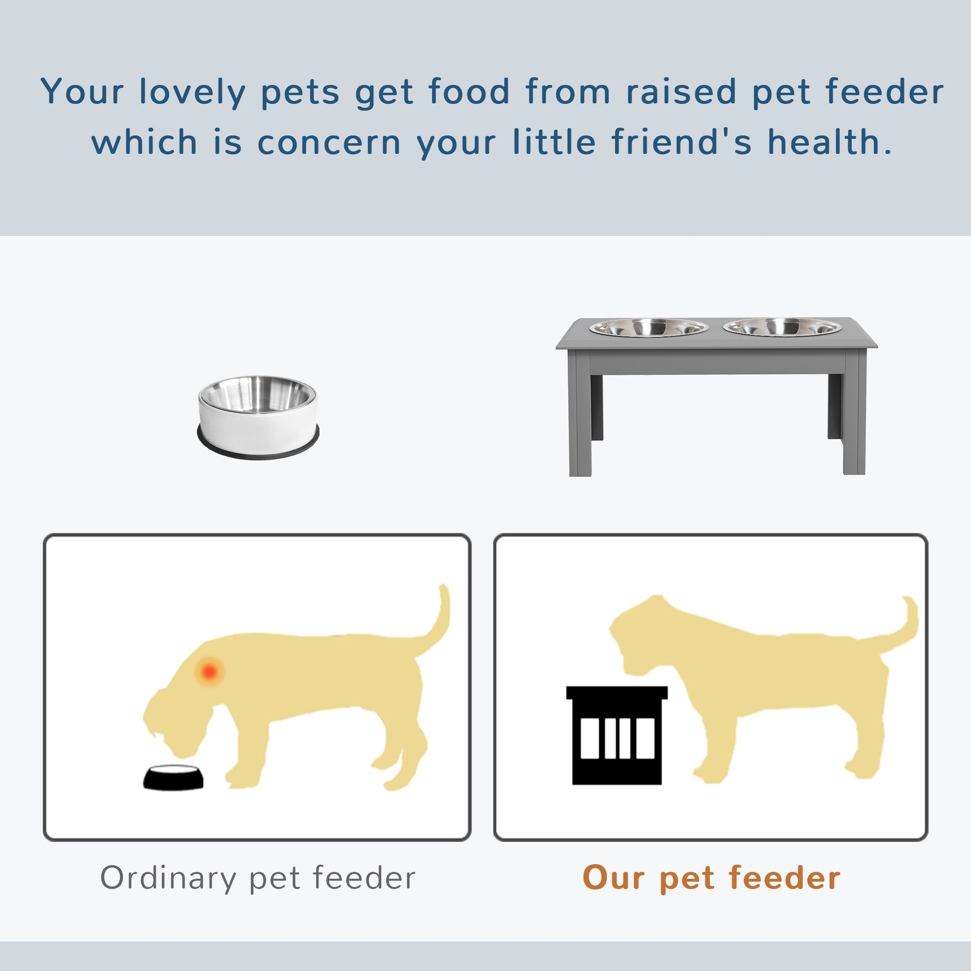 Raised Dog Bowl Feeding Bowls with Stand for Medium Dogs Elevated Pet Bowls Water Food Feeder 58L x 31W x 25H cm - Grey