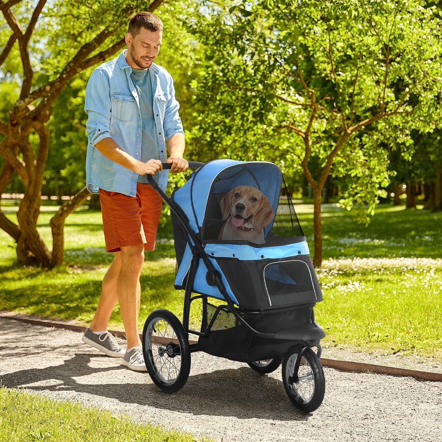 Dog Pram Dog Stroller Jogger Foldable Pet Pushchair for Medium, Small Dogs, w/ Rubber Wheels, Washable Cushion - Blue