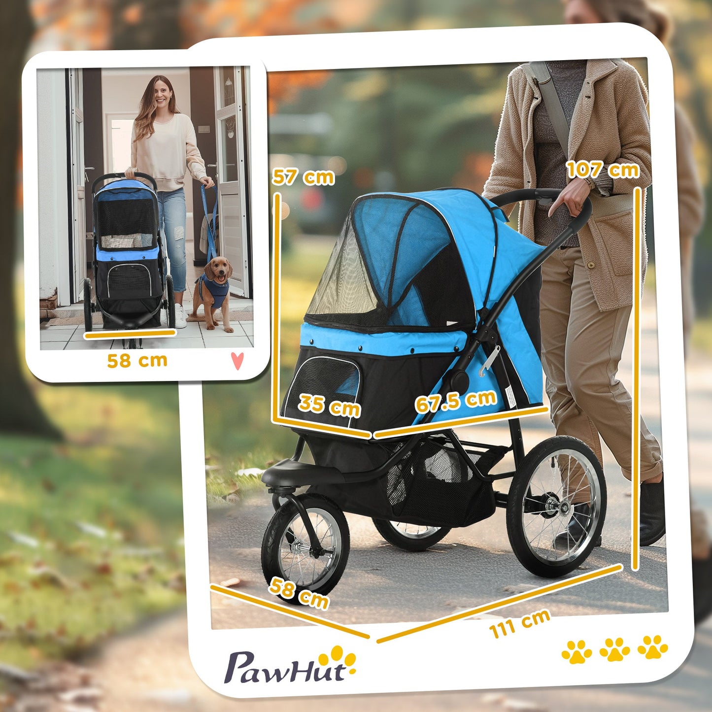 Dog Pram Dog Stroller Jogger Foldable Pet Pushchair for Medium, Small Dogs, w/ Rubber Wheels, Washable Cushion - Blue