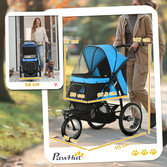 Dog Pram Dog Stroller Jogger Foldable Pet Pushchair for Medium, Small Dogs, w/ Rubber Wheels, Washable Cushion - Blue