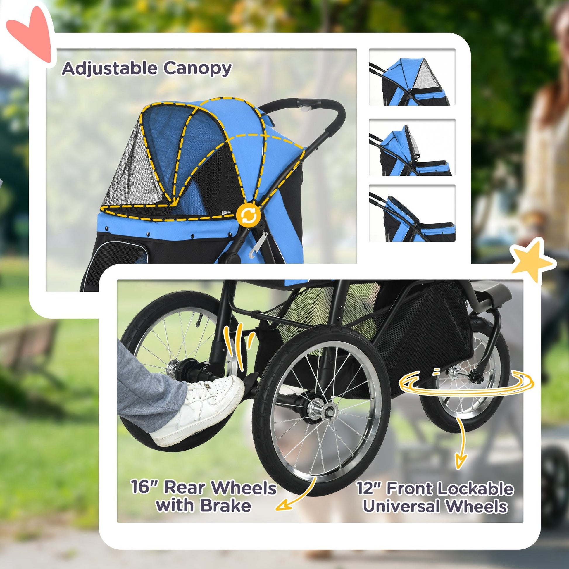 Dog Pram Dog Stroller Jogger Foldable Pet Pushchair for Medium, Small Dogs, w/ Rubber Wheels, Washable Cushion - Blue