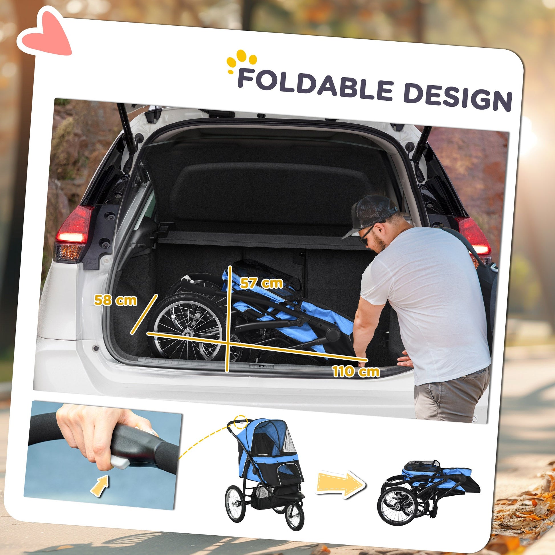 Dog Pram Dog Stroller Jogger Foldable Pet Pushchair for Medium, Small Dogs, w/ Rubber Wheels, Washable Cushion - Blue